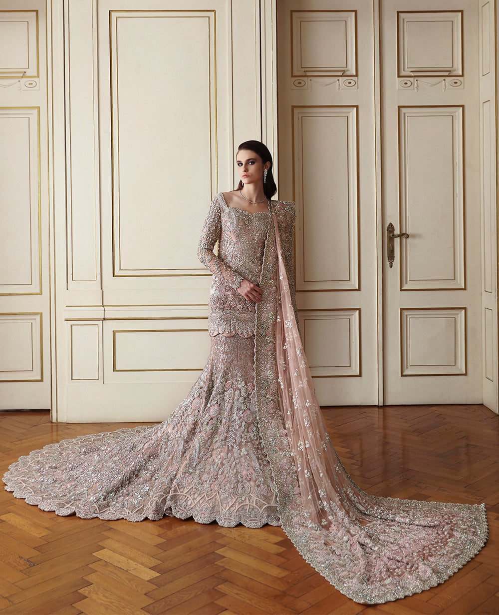 Pakistani Blush Pink Embellished Net Silk-Blend Mermaid Lehenga (3-Piece) - Image 2