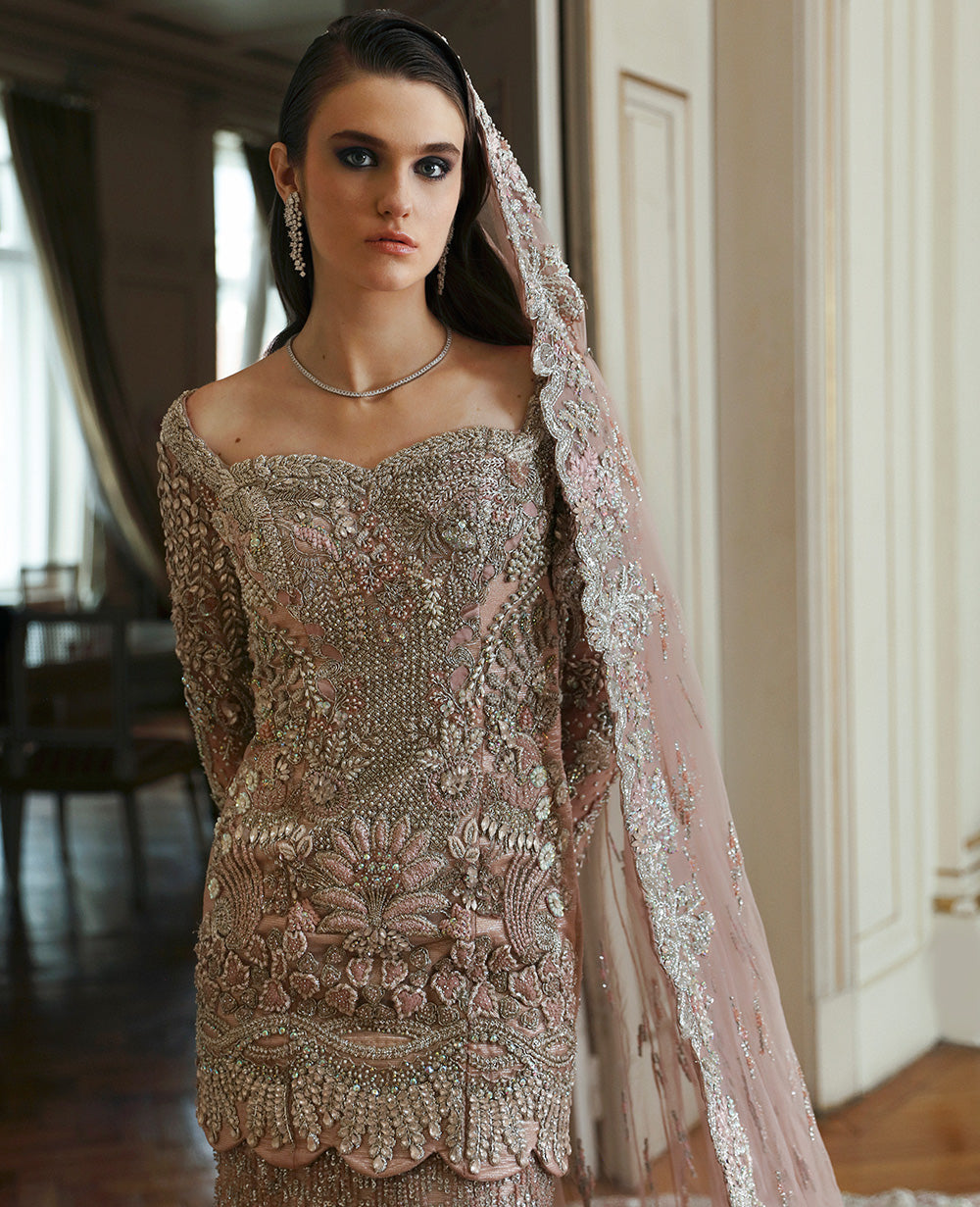 Pakistani Blush Pink Embellished Net Silk-Blend Mermaid Lehenga (3-Piece) - Image 3