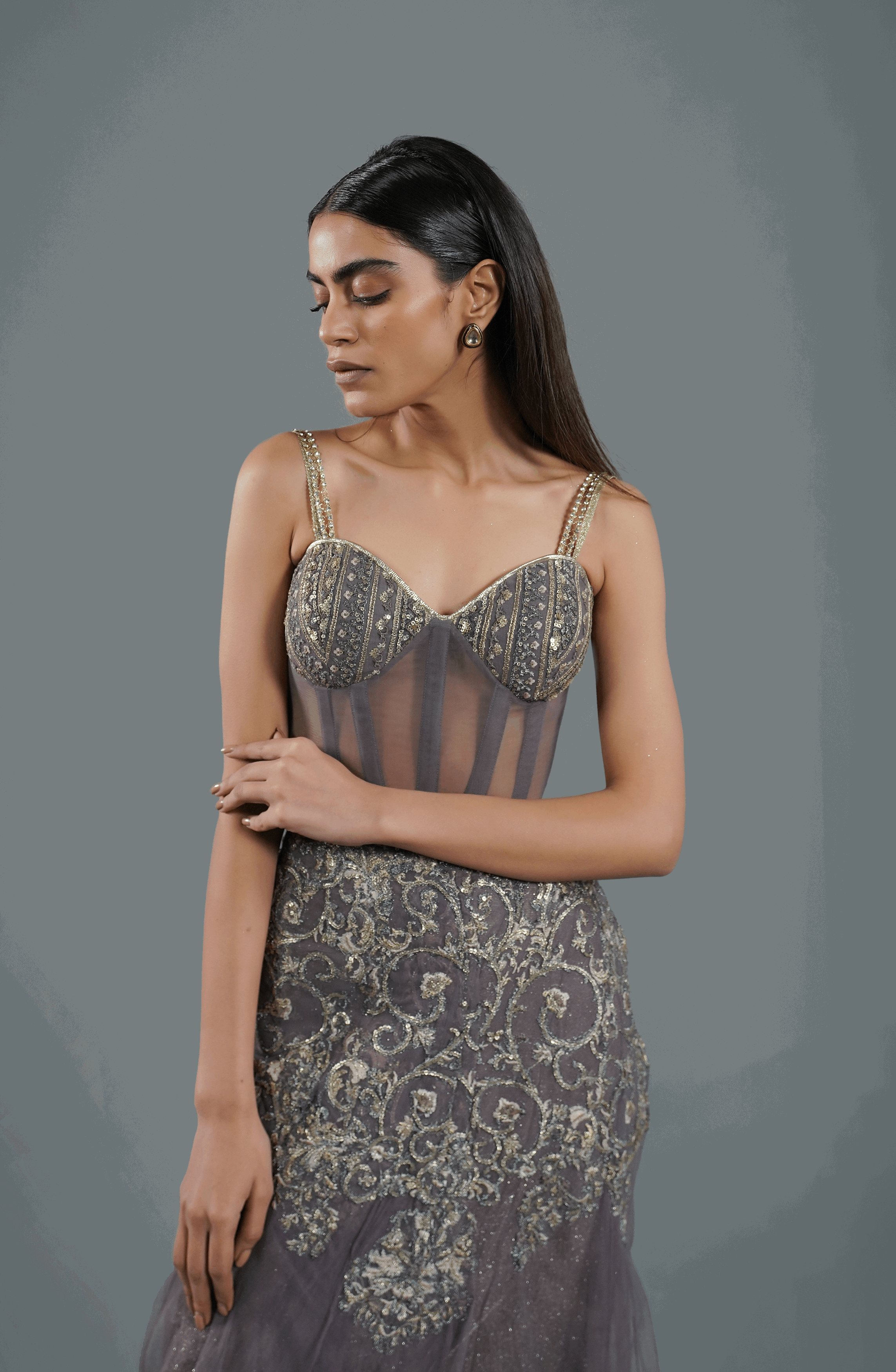 Ash Mauve Embroidered Net & Moonlight Lehenga (2-Piece) - Image 1
