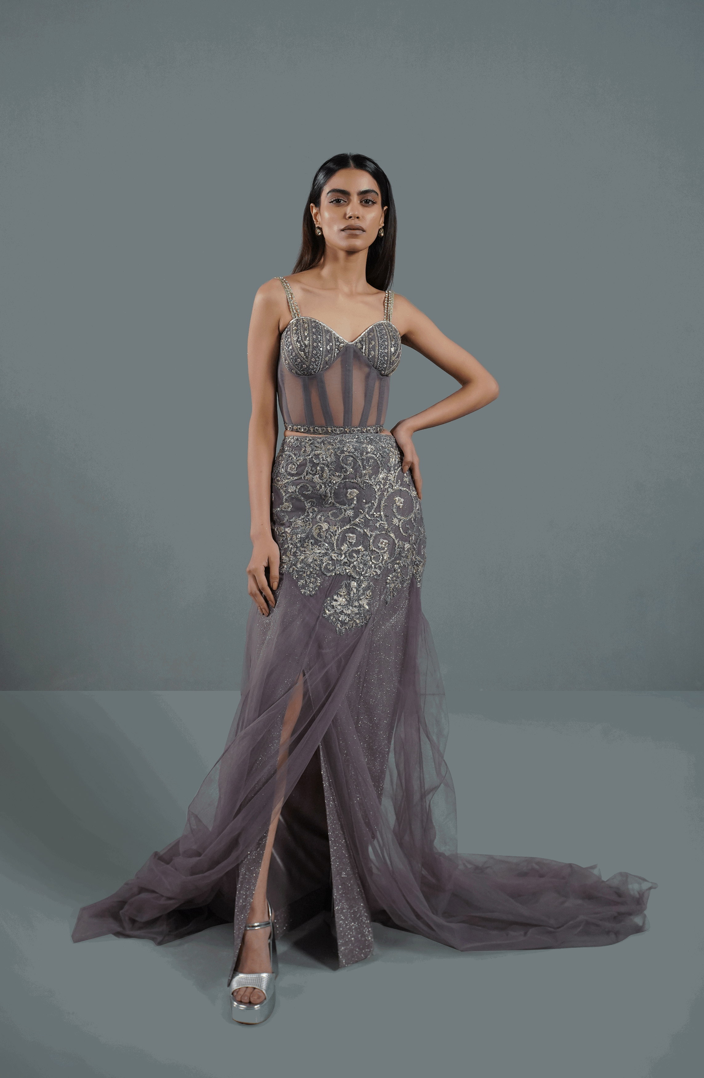 Ash Mauve Embroidered Net & Moonlight Lehenga (2-Piece) - Image 2