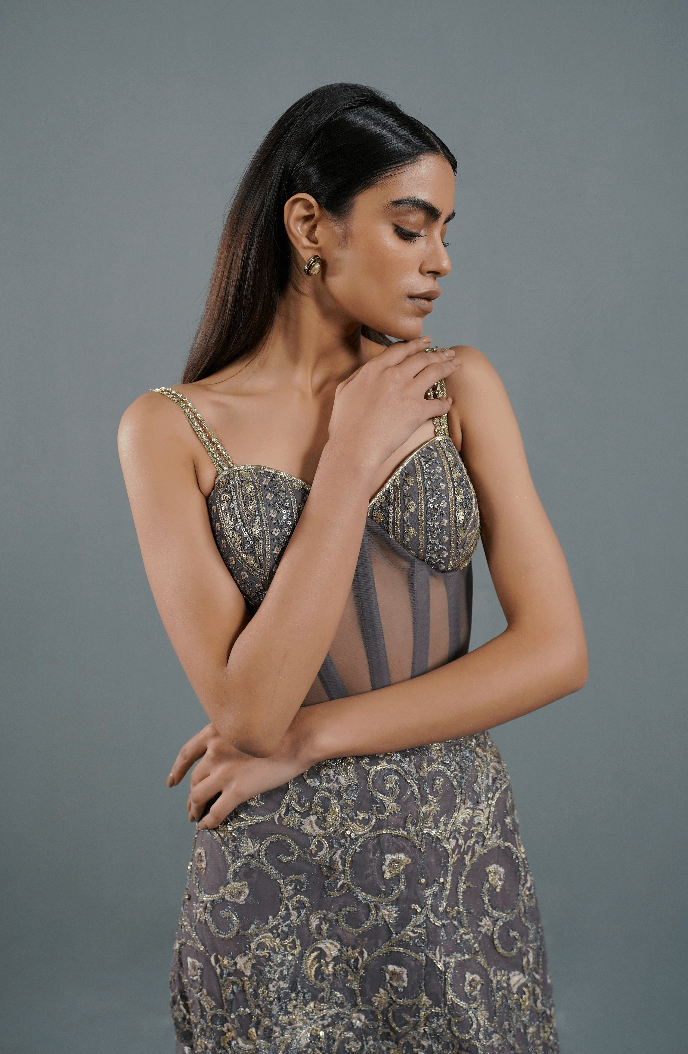 Ash Mauve Embroidered Net & Moonlight Lehenga (2-Piece) - Image 3