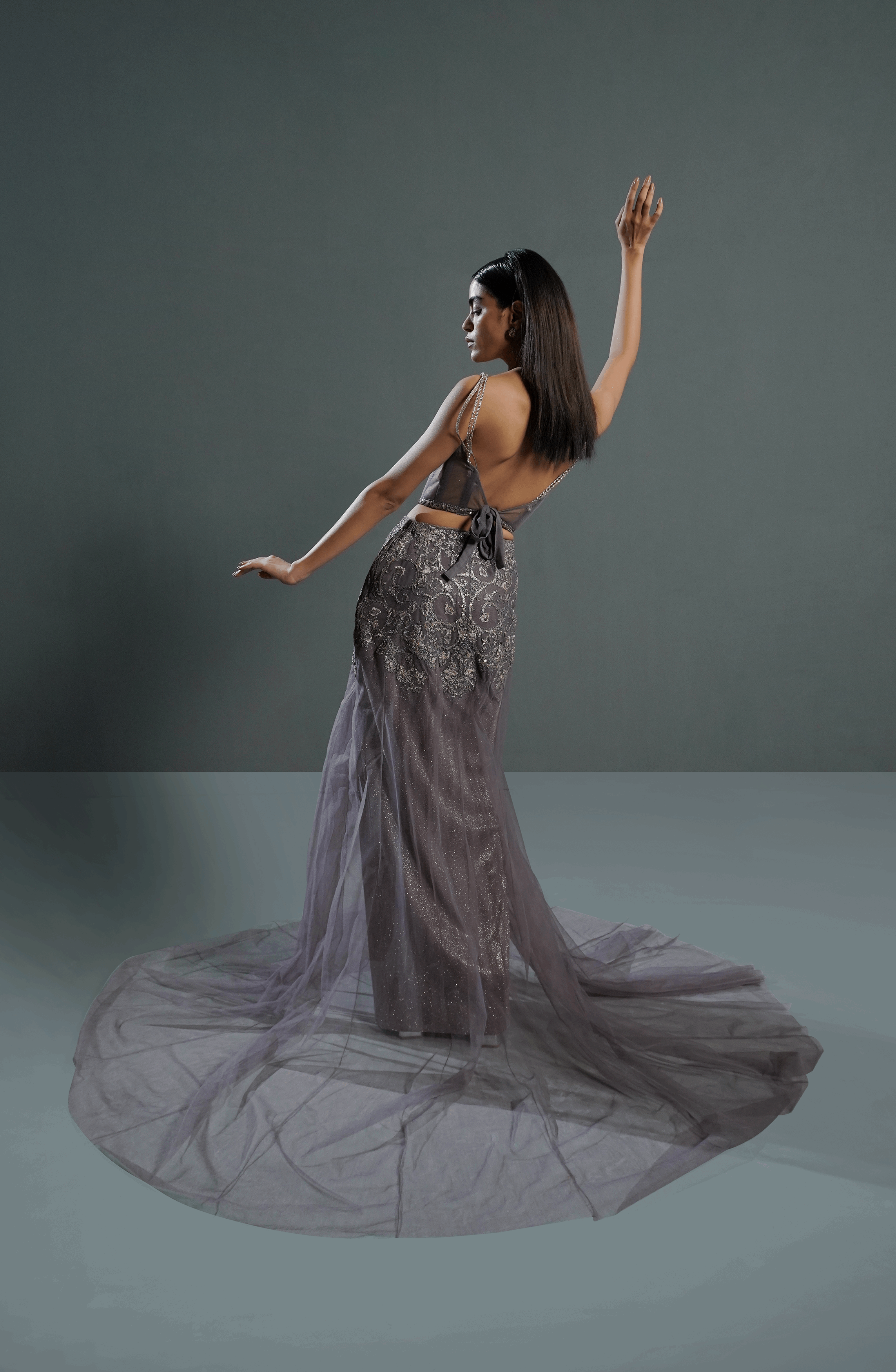 Ash Mauve Embroidered Net & Moonlight Lehenga (2-Piece) - Image 5