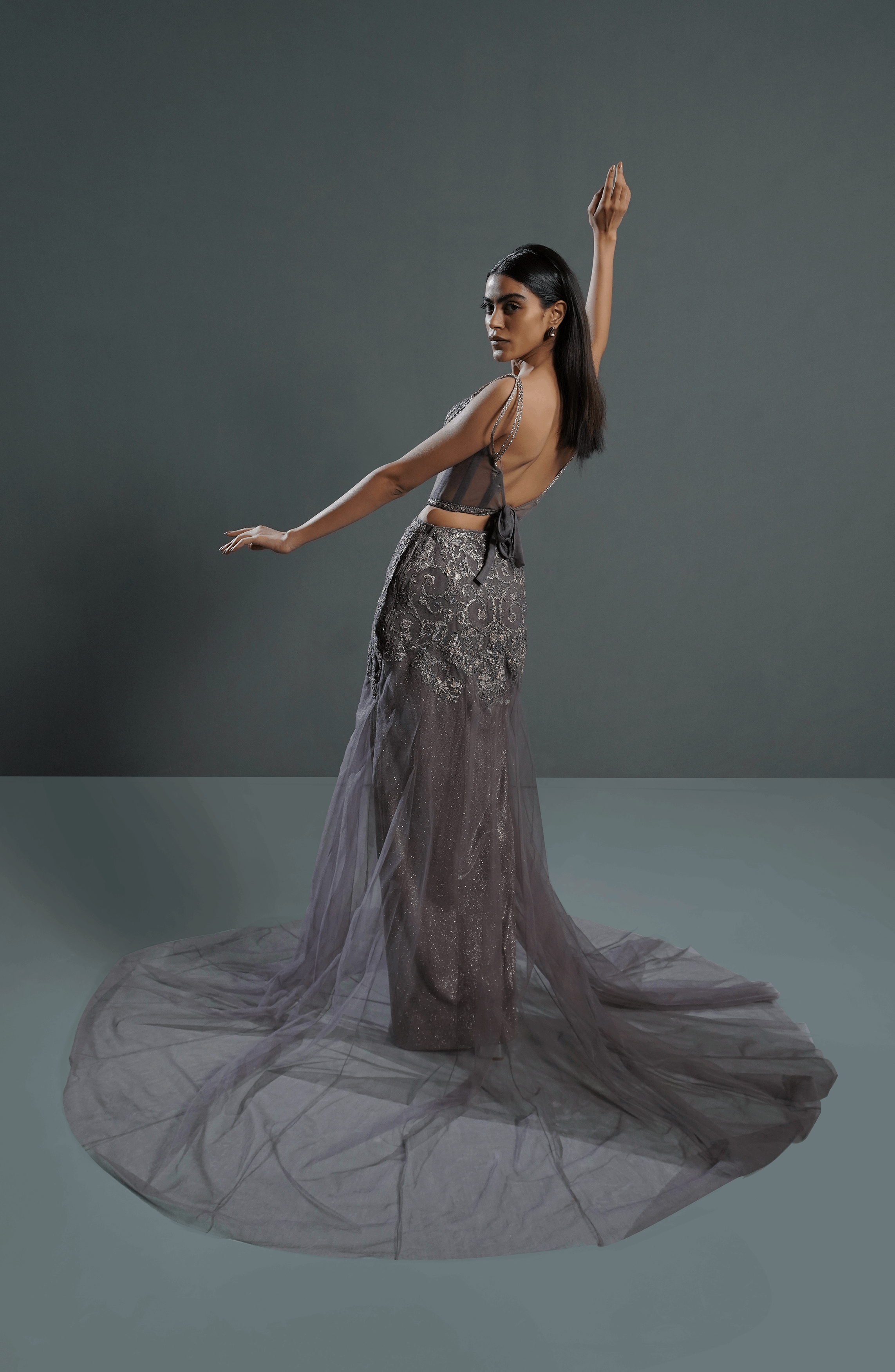 Ash Mauve Embroidered Net & Moonlight Lehenga (2-Piece) - Image 6