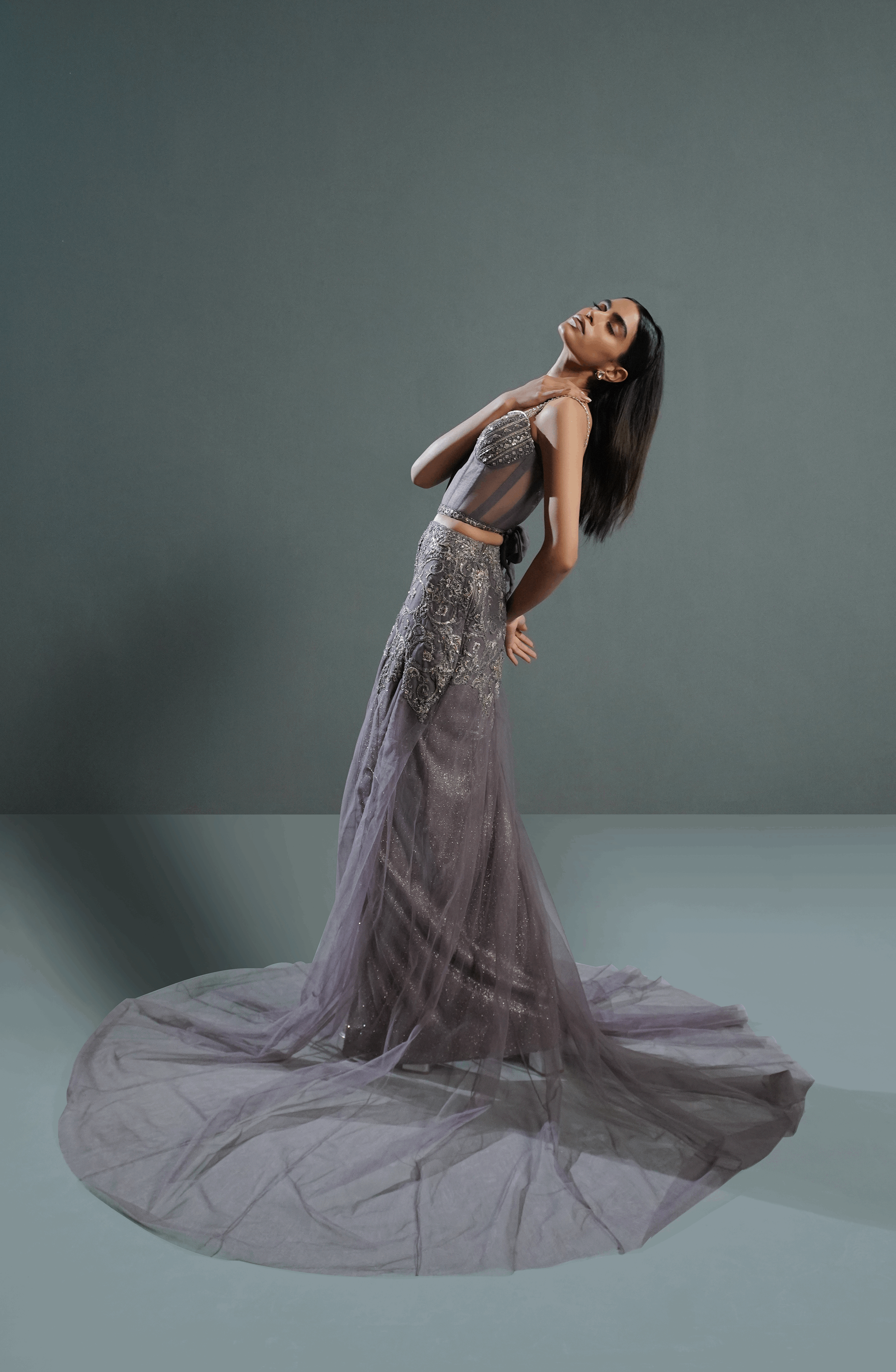 Ash Mauve Embroidered Net & Moonlight Lehenga (2-Piece) - Image 7