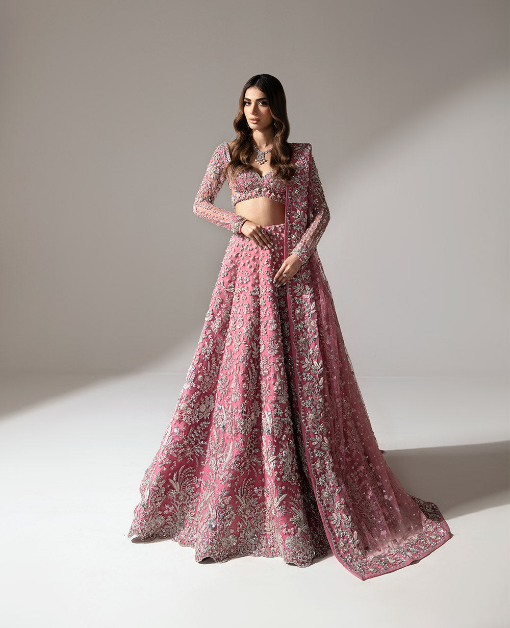 Pakistani Barbie Pink Embroidered Net Lehenga Choli (3-Piece) - Image 1