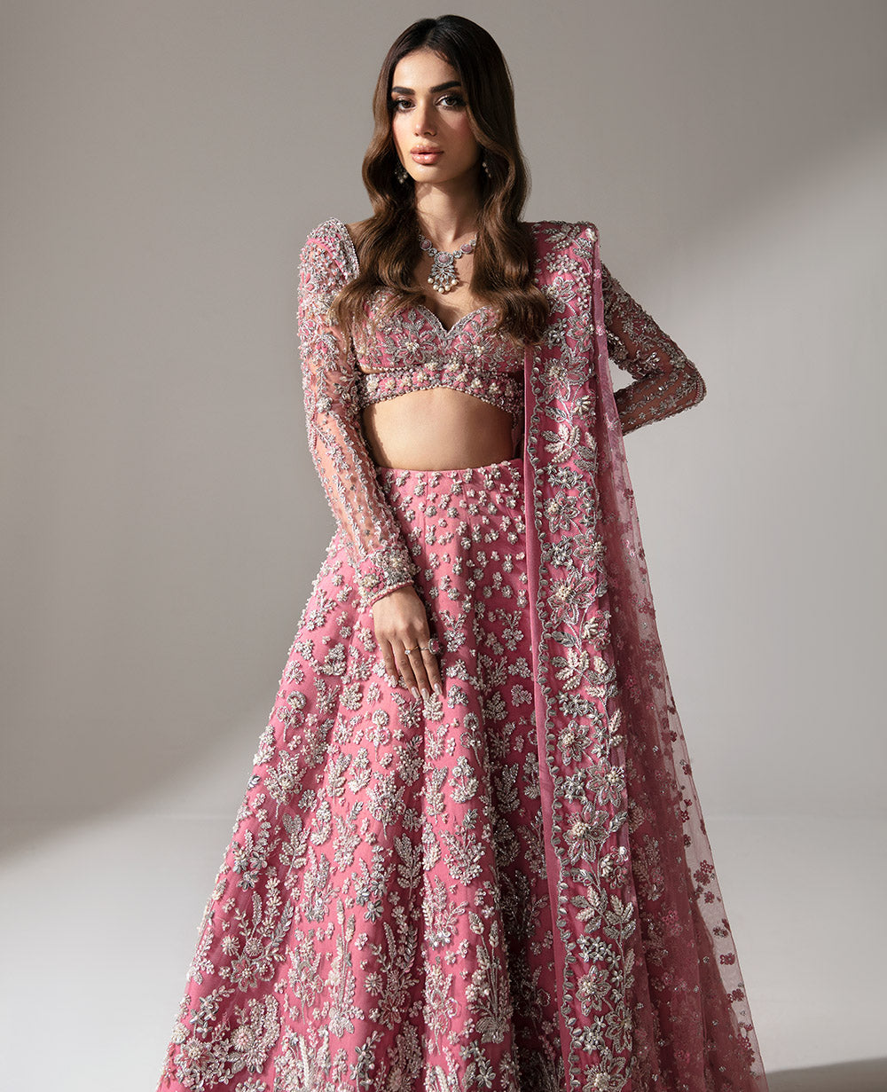 Pakistani Barbie Pink Embroidered Net Lehenga Choli (3-Piece) - Image 4
