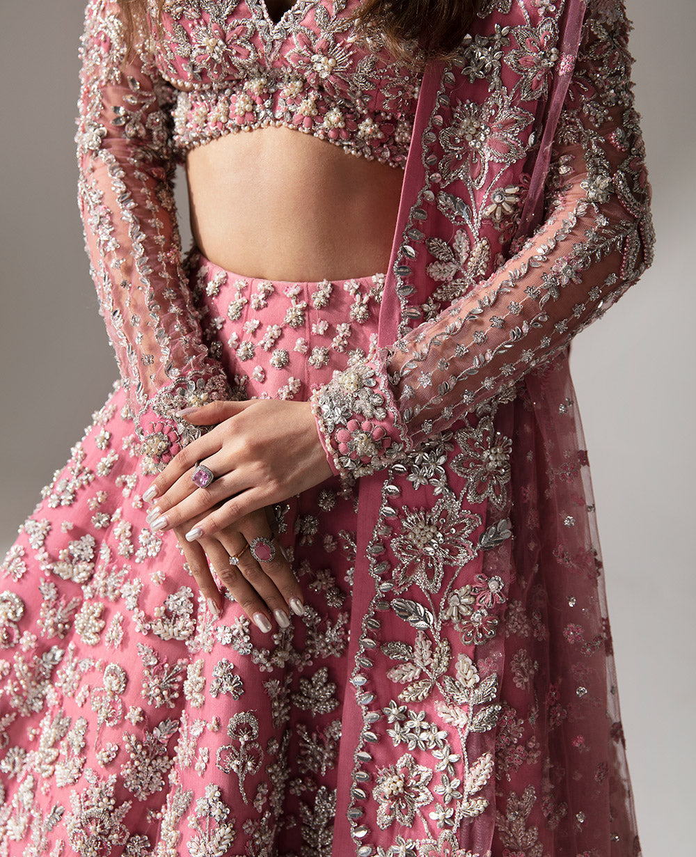 Pakistani Barbie Pink Embroidered Net Lehenga Choli (3-Piece) - Image 5