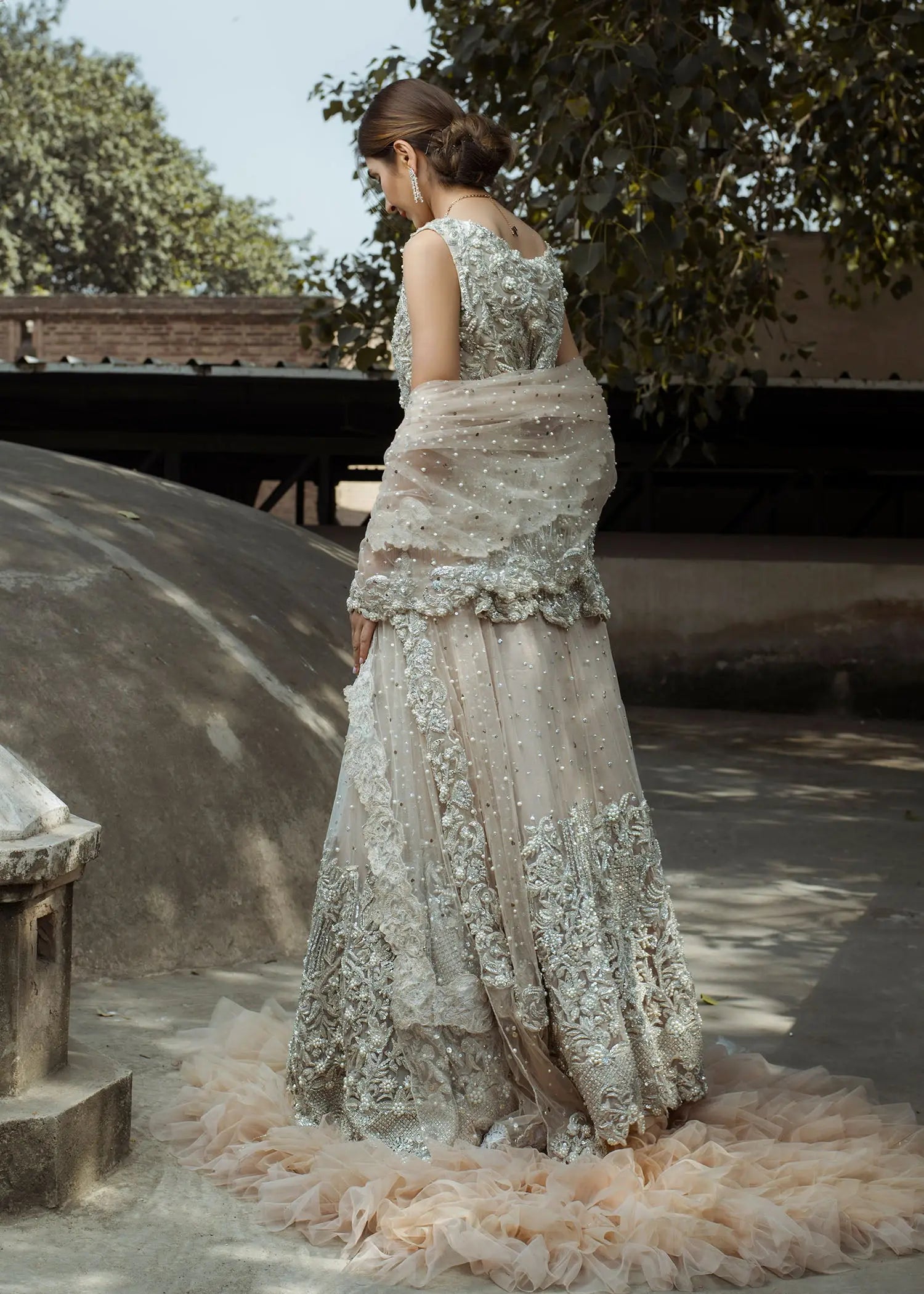 Powder Pink Embellished Net Bridal Lehenga (3-Piece) - Image 4