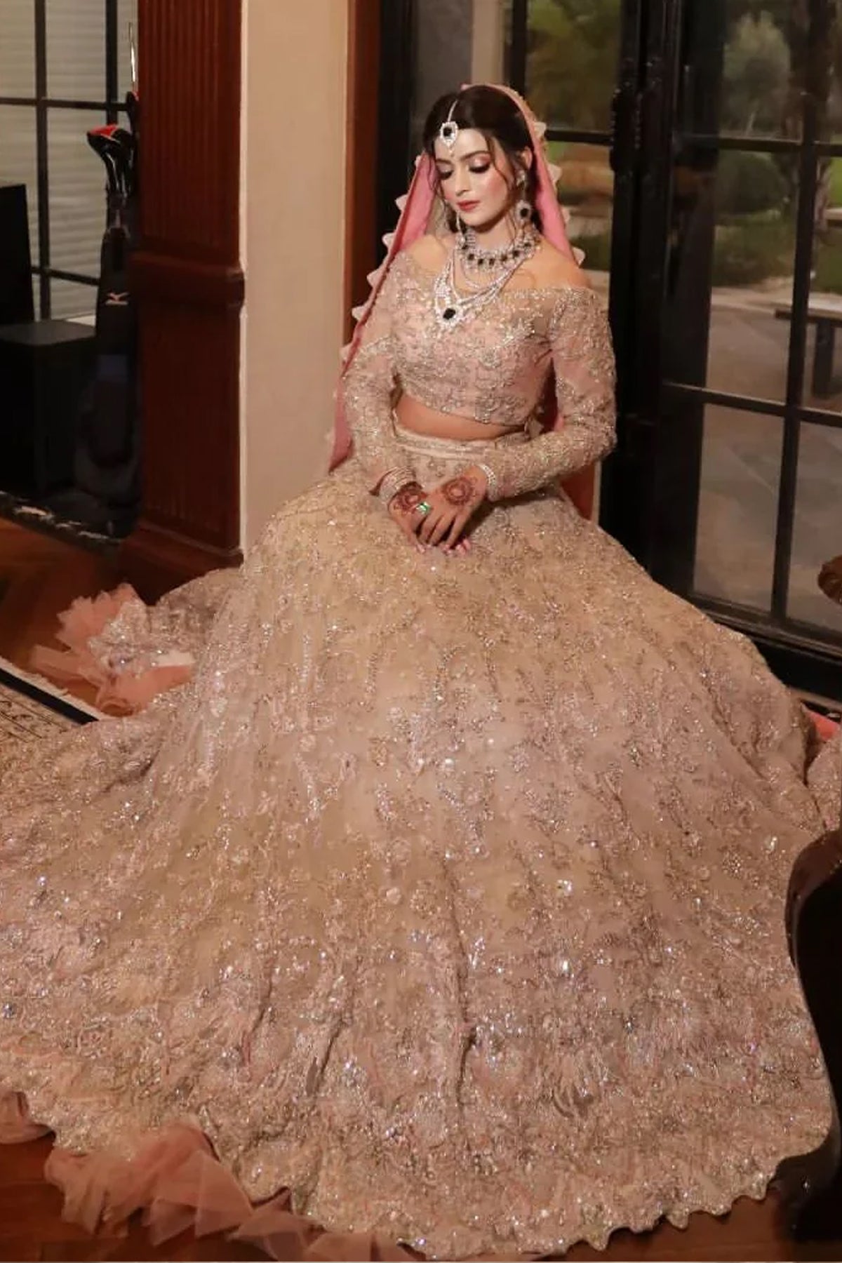 Blush Pink Embellished Net Bridal Lehenga (3-Piece) - Image 1