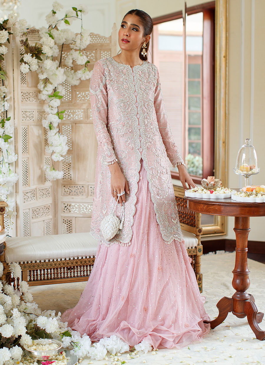 Salmon Pink Hand-Embellished Net Jacket Lehenga (2-Piece) - Image 2