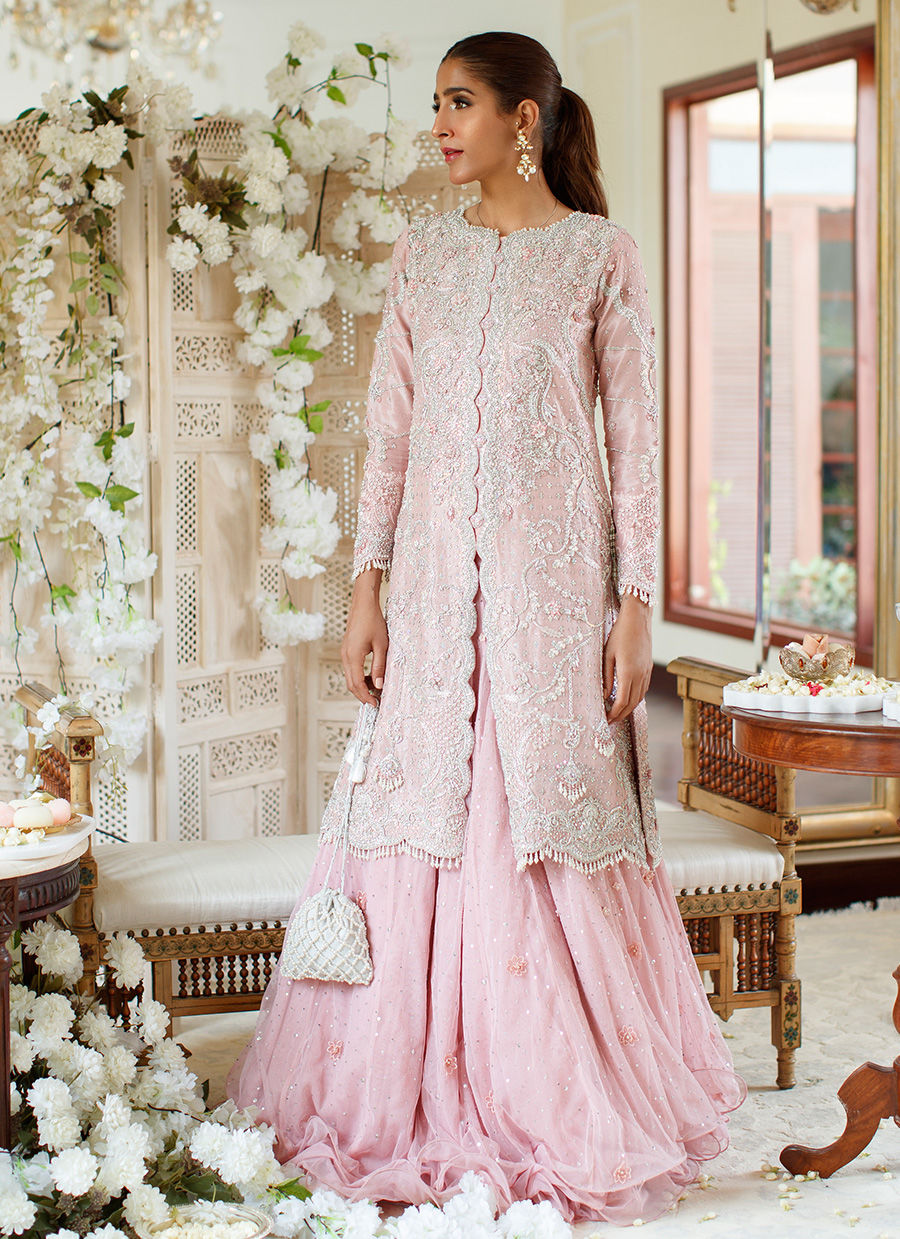 Salmon Pink Hand-Embellished Net Jacket Lehenga (2-Piece) - Image 3