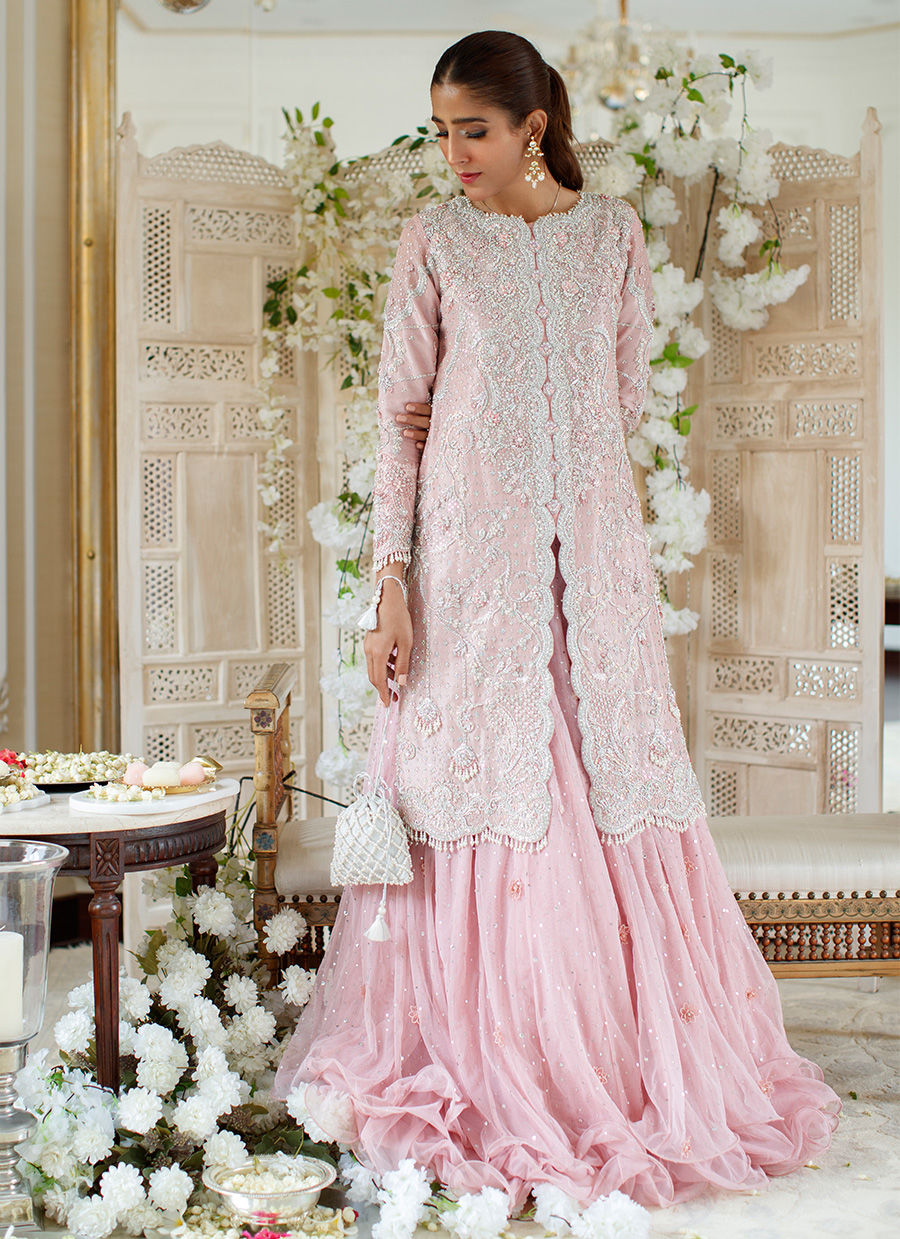 Salmon Pink Hand-Embellished Net Jacket Lehenga (2-Piece) - Image 4