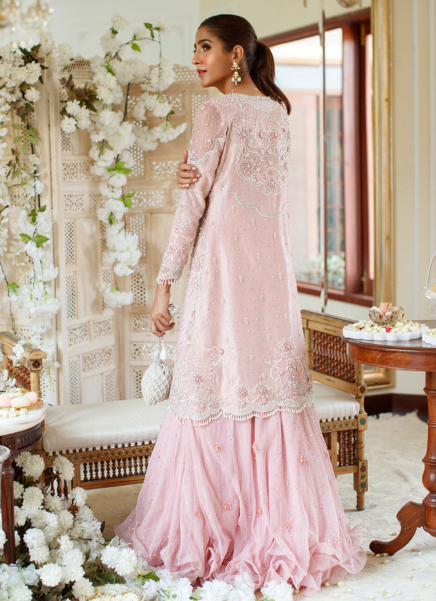 Salmon Pink Hand-Embellished Net Jacket Lehenga (2-Piece) - Image 6