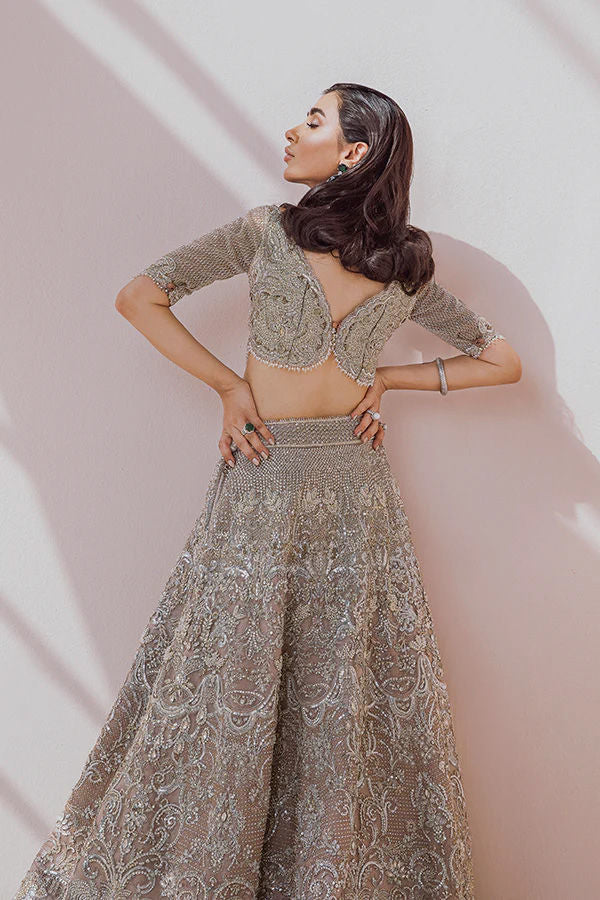 Pakistani Dusty Pink Embellished Net Silk Lehenga Choli (3-Piece) - Image 3