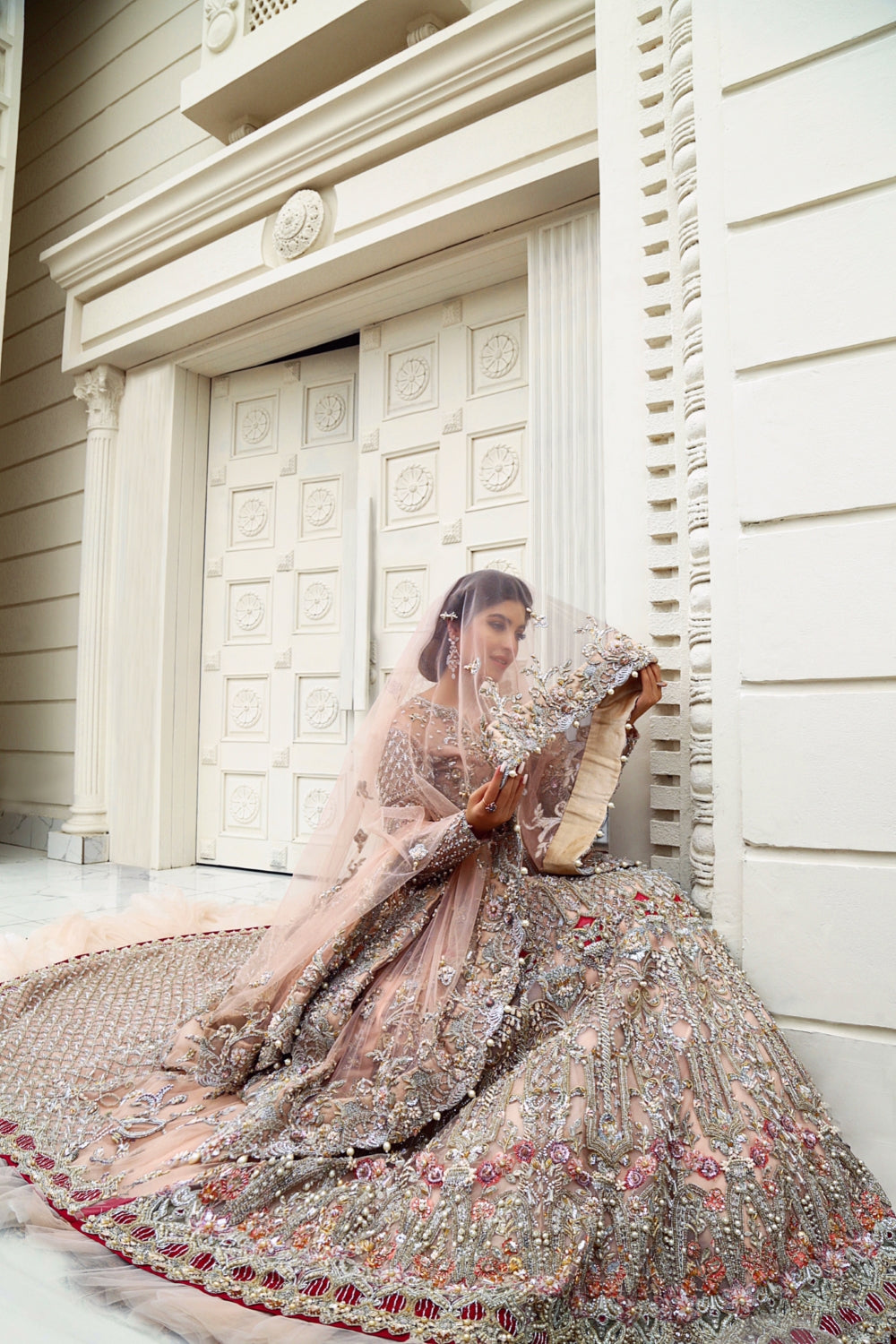 Blush Pink Embellished Net Bridal Lehenga (3-Piece) - Image 2