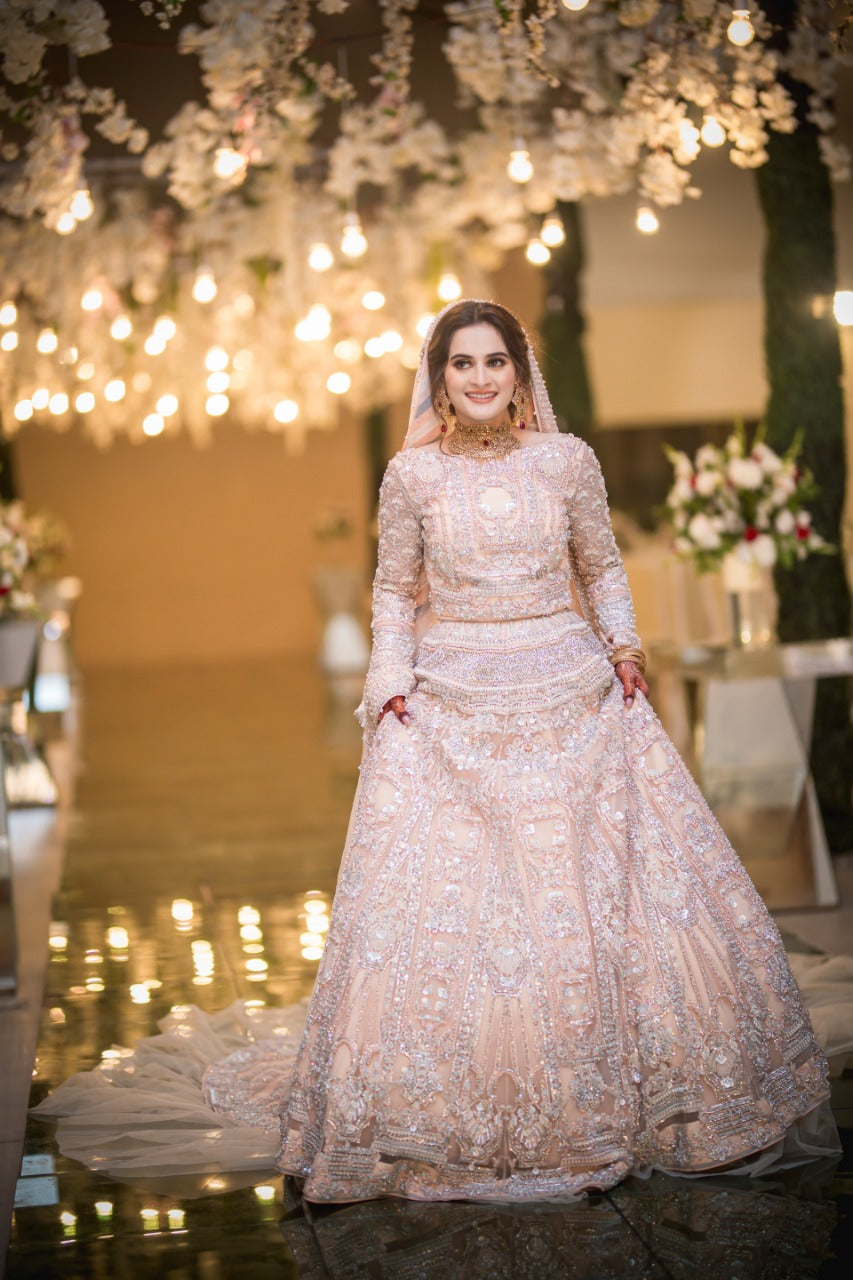 Pakistani Blush Pink Embellished Net Bridal Lehenga (3-Piece) - Image 1