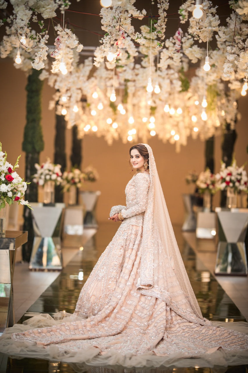 Pakistani Blush Pink Embellished Net Bridal Lehenga (3-Piece) - Image 2