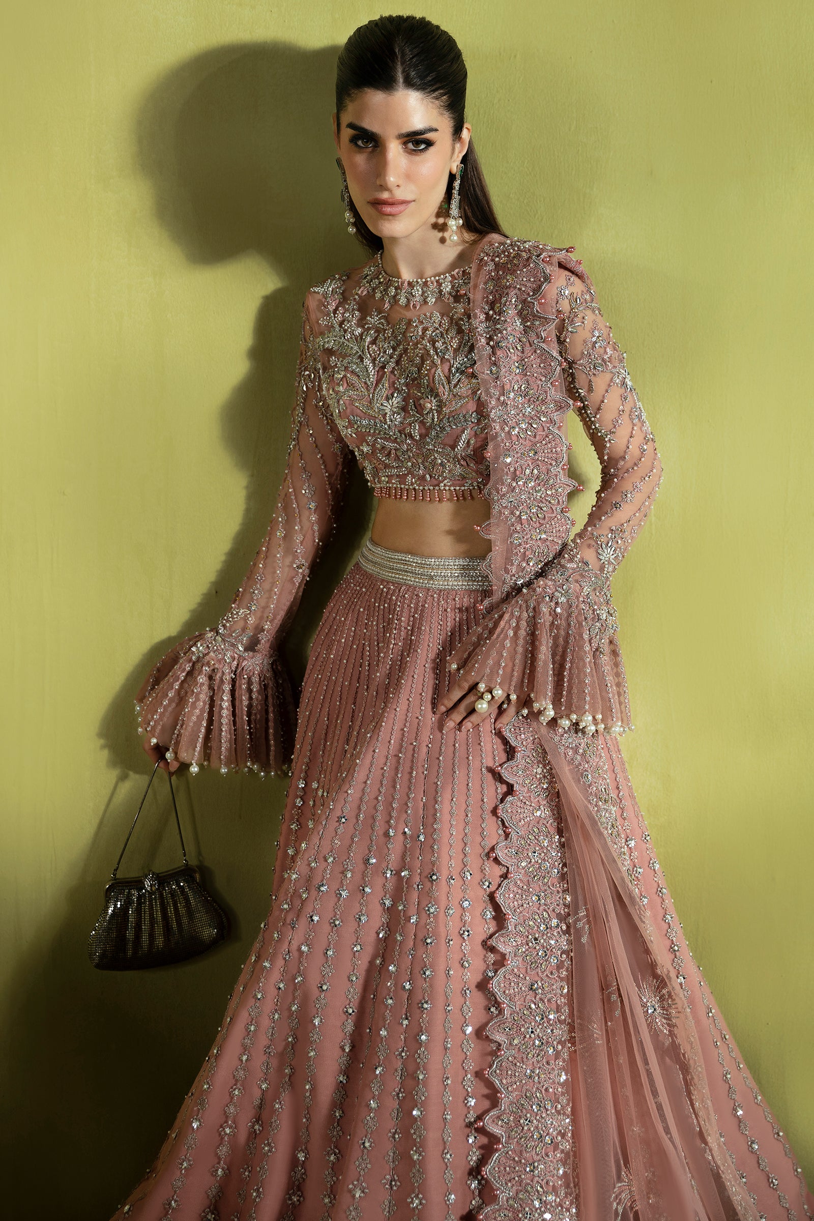 Pakistani Powder Pink Embellished Net Lehenga Choli (3-Piece) - Image 3