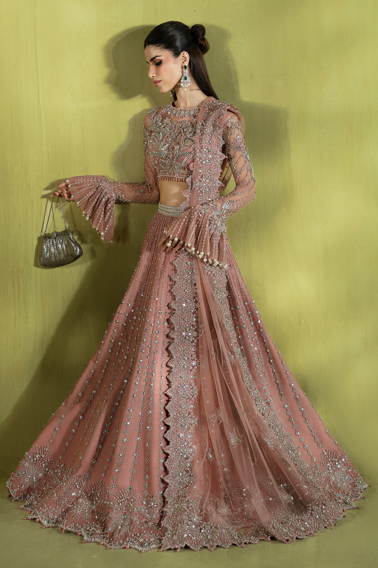 Pakistani Powder Pink Embellished Net Lehenga Choli (3-Piece) - Image 4