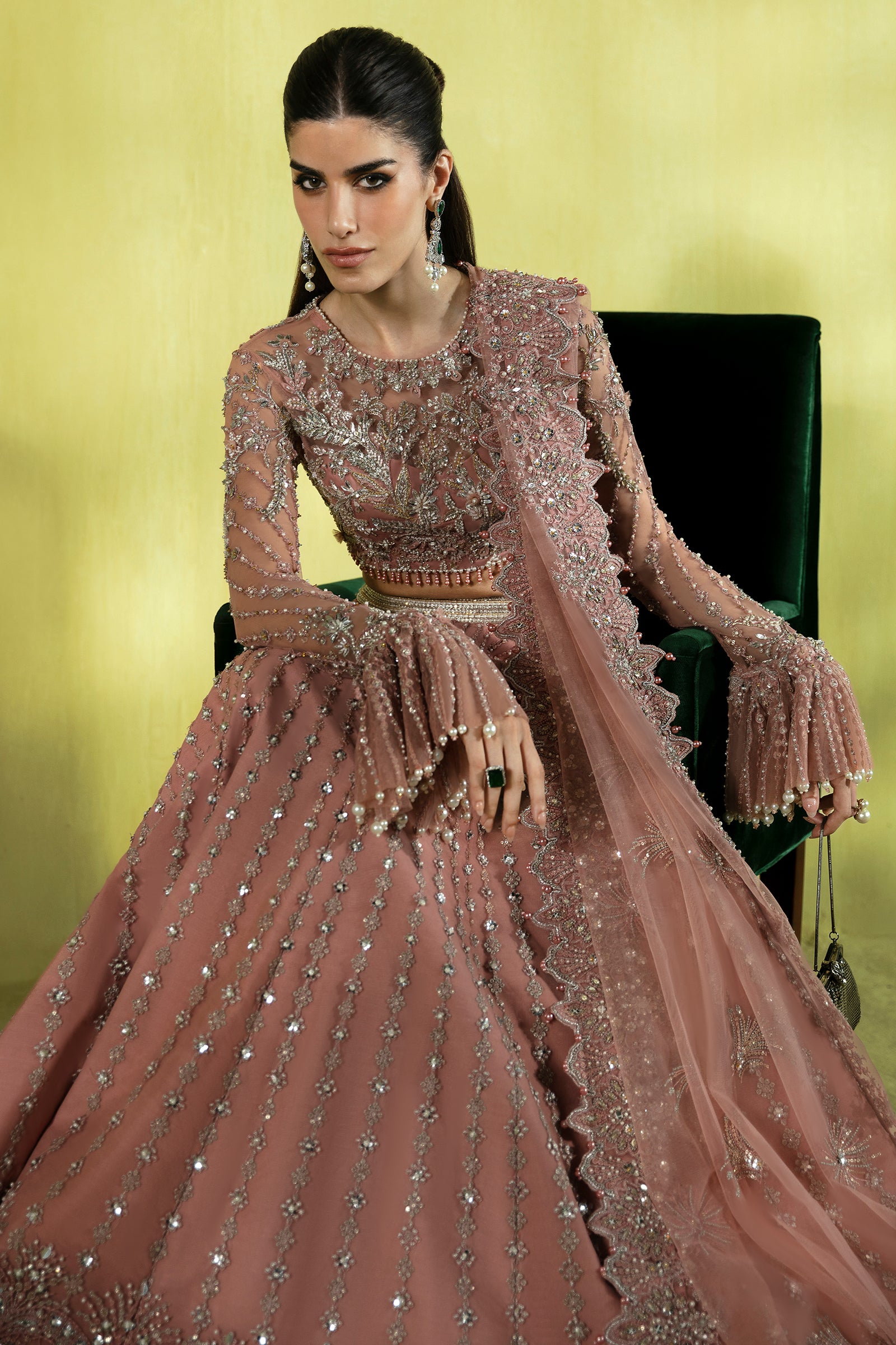 Pakistani Powder Pink Embellished Net Lehenga Choli (3-Piece) - Image 5
