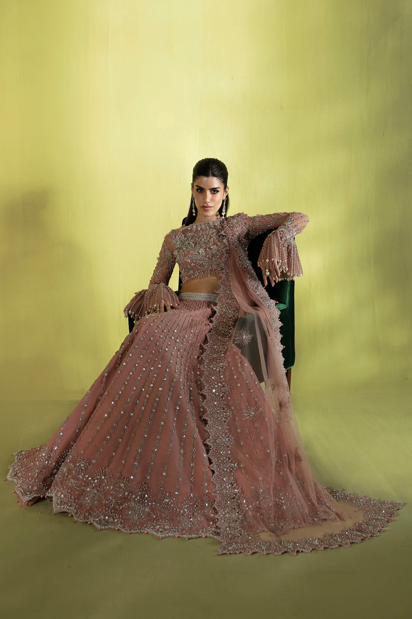 Pakistani Powder Pink Embellished Net Lehenga Choli (3-Piece) - Image 6