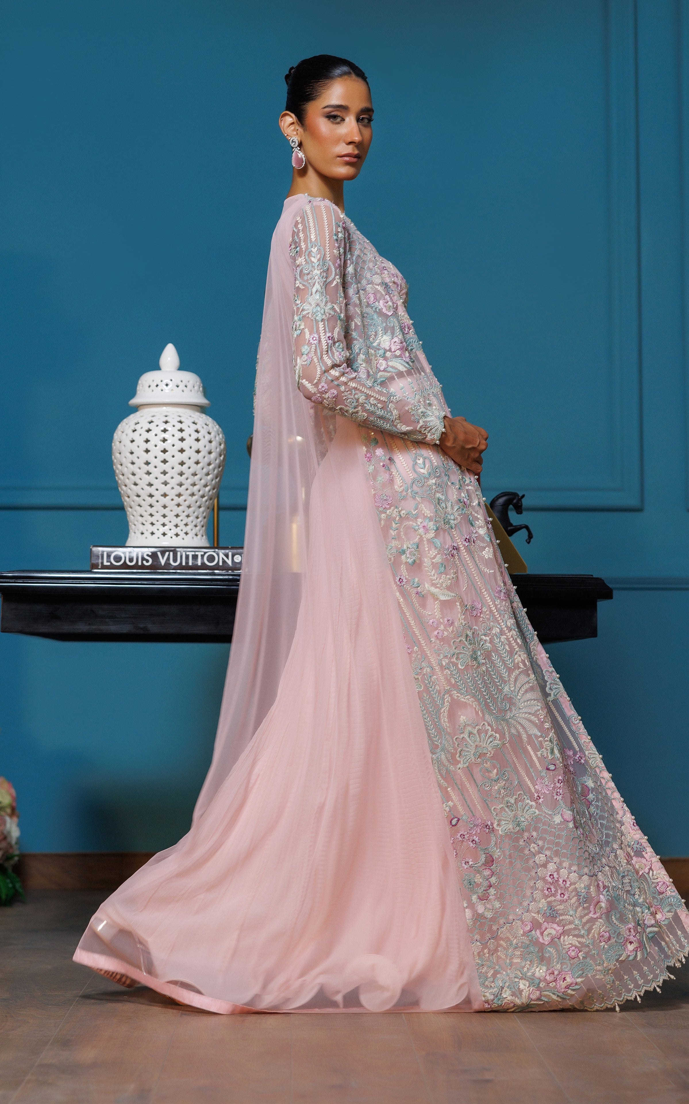 Pakistani Soft Pink Embroidered Net Jacket Lehenga (3-Piece) - Image 2