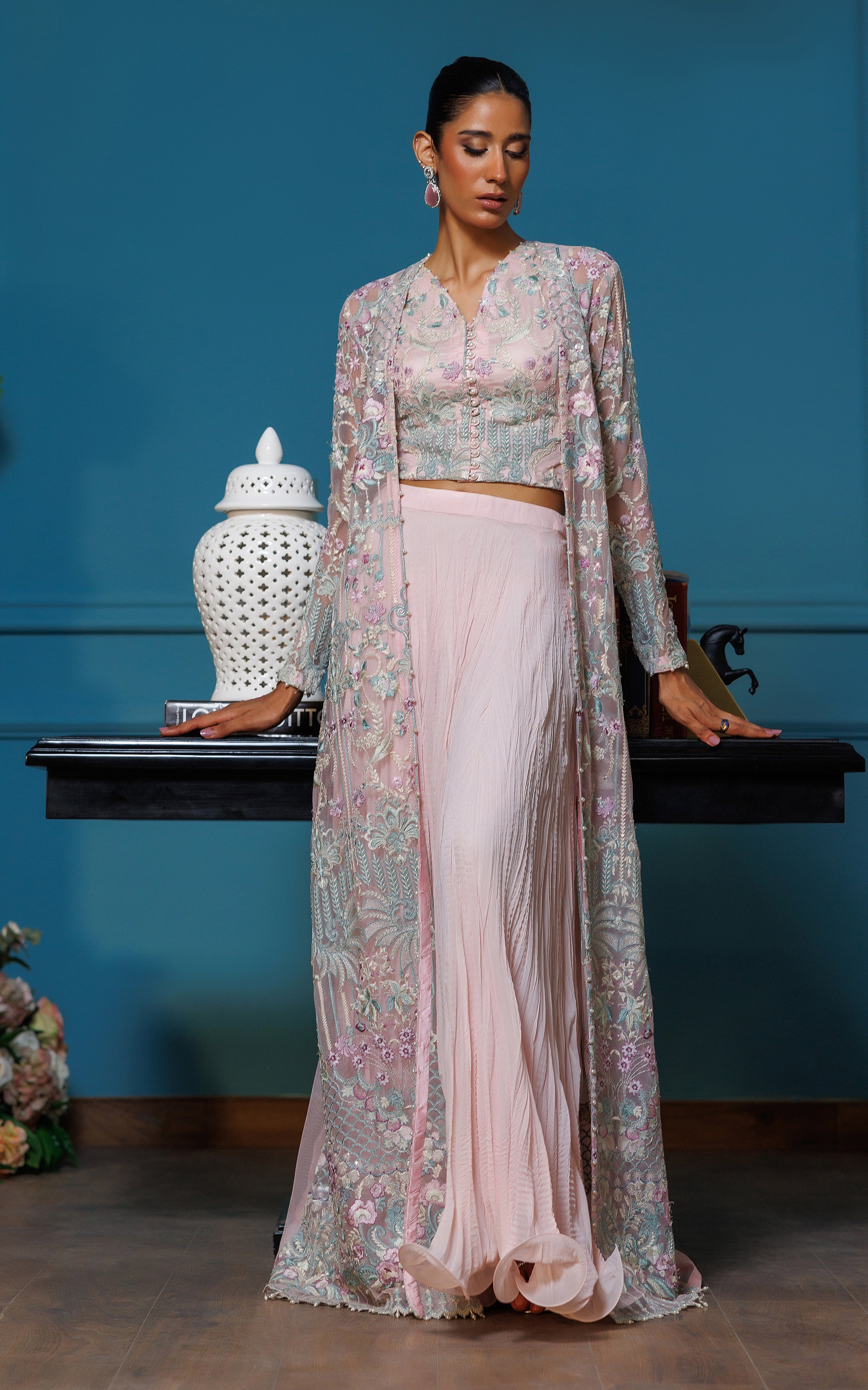 Pakistani Soft Pink Embroidered Net Jacket Lehenga (3-Piece) - Image 3