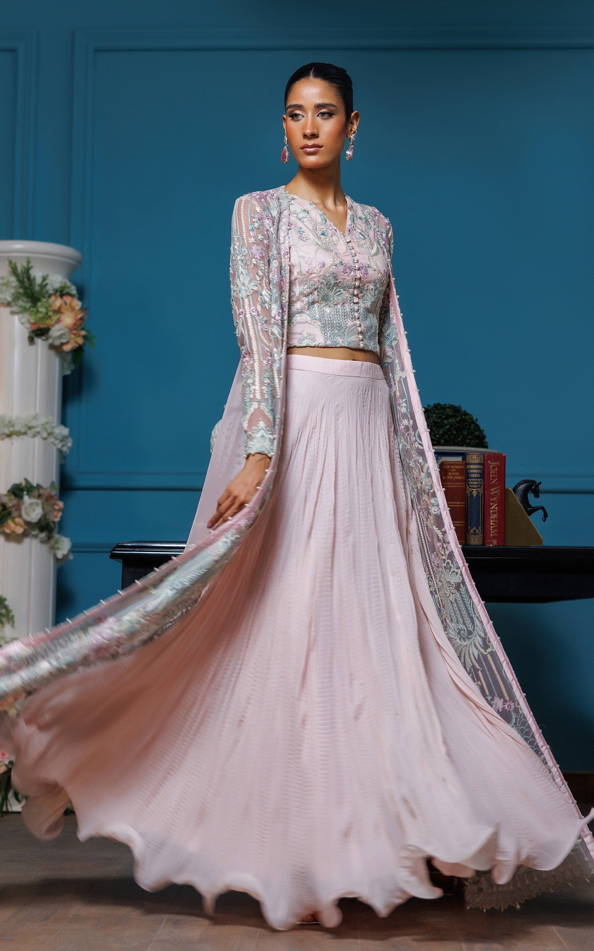 Pakistani Soft Pink Embroidered Net Jacket Lehenga (3-Piece) - Image 4