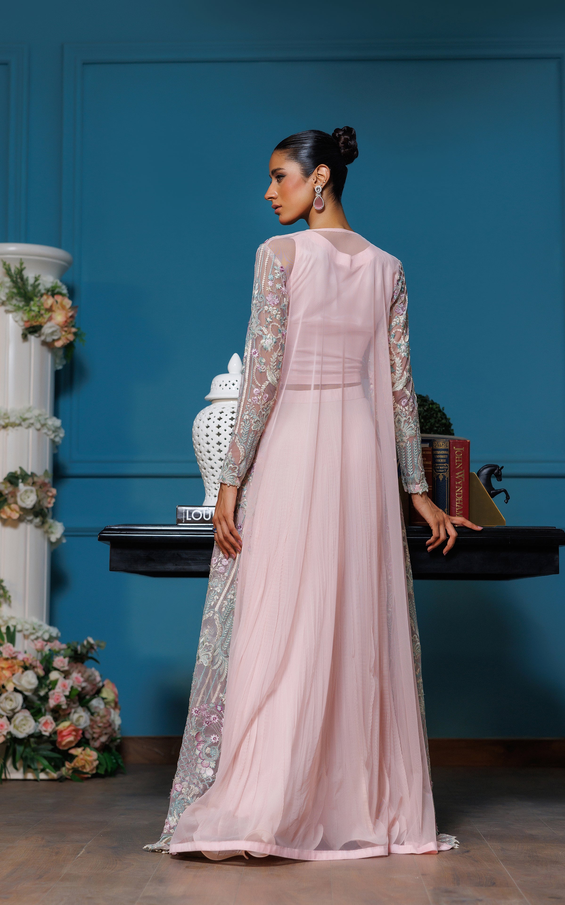 Pakistani Soft Pink Embroidered Net Jacket Lehenga (3-Piece) - Image 6