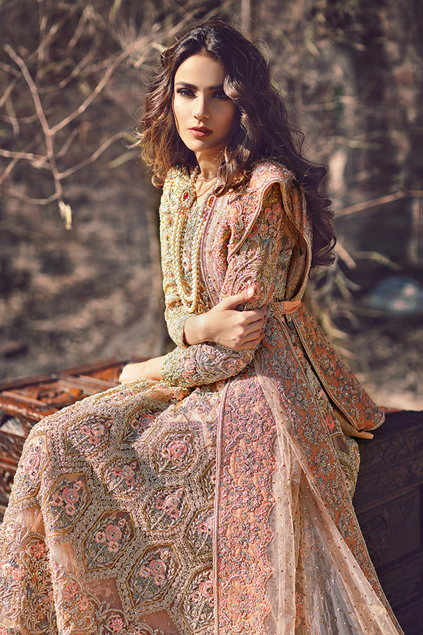 Peach Pink Embroidered Net Lehenga Set (3-Piece) - Image 3