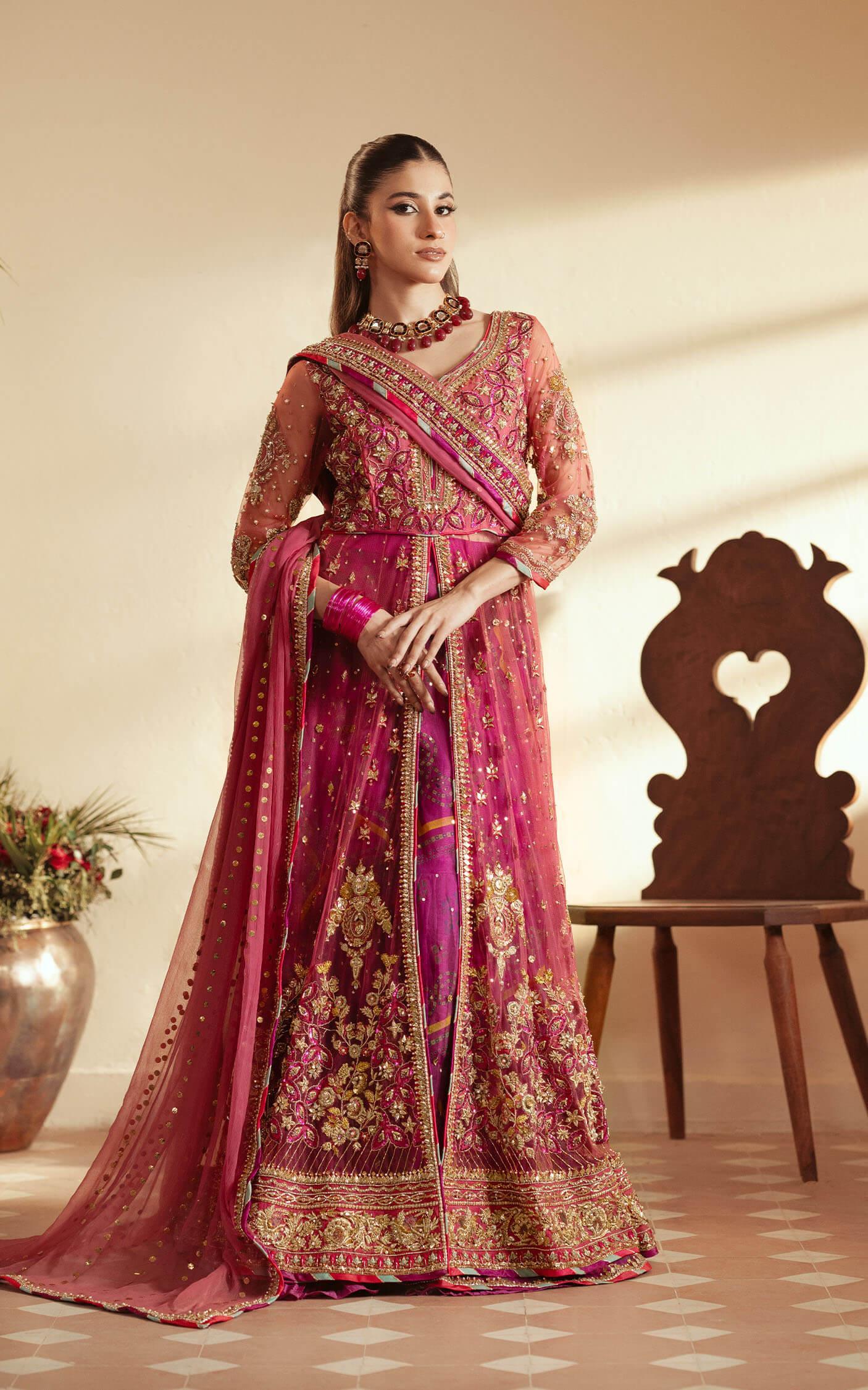 Pakistani Fuchsia Pink Embroidered Net Anarkali Lehenga (3-Piece) - Image 1