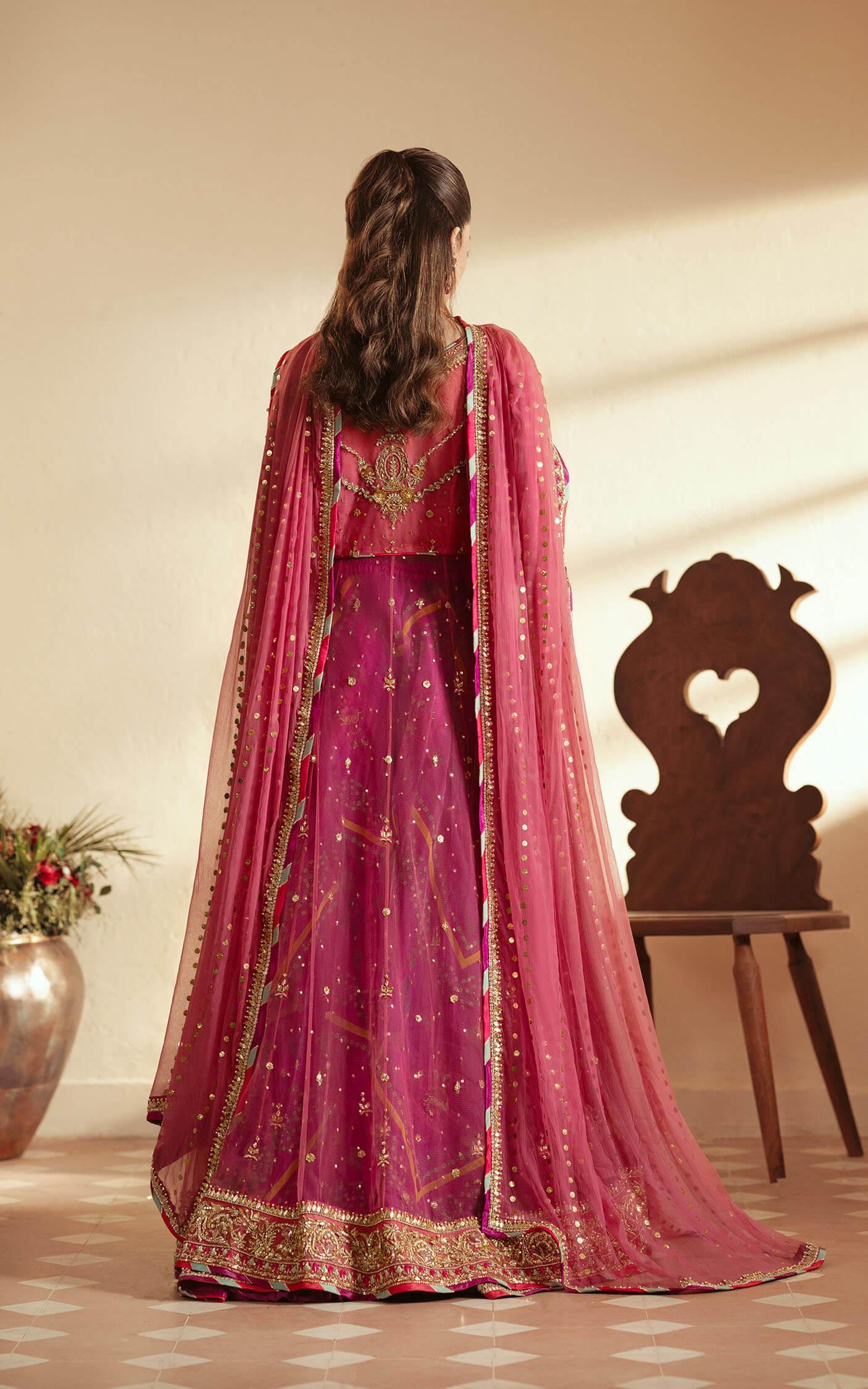 Pakistani Fuchsia Pink Embroidered Net Anarkali Lehenga (3-Piece) - Image 2