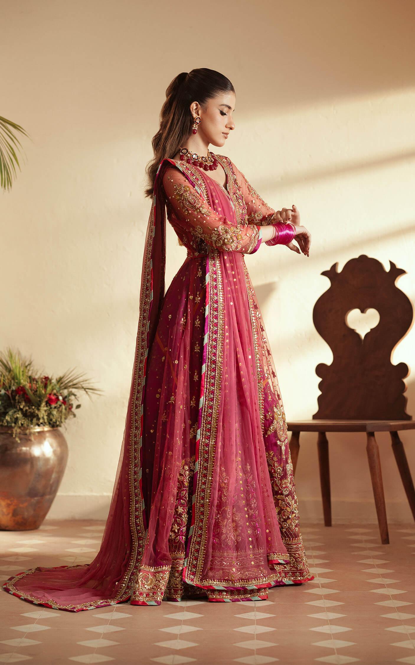Pakistani Fuchsia Pink Embroidered Net Anarkali Lehenga (3-Piece) - Image 3