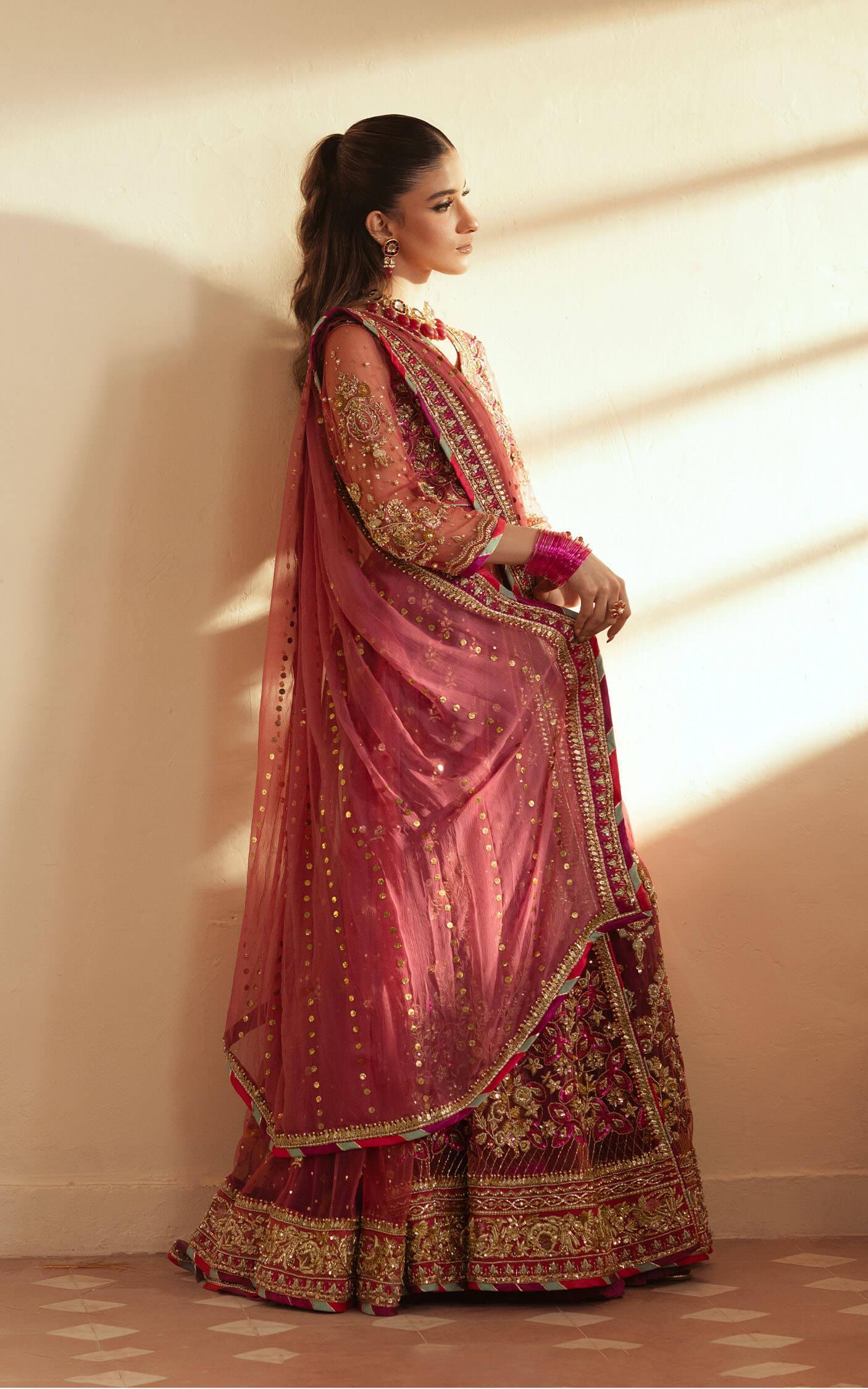 Pakistani Fuchsia Pink Embroidered Net Anarkali Lehenga (3-Piece) - Image 4