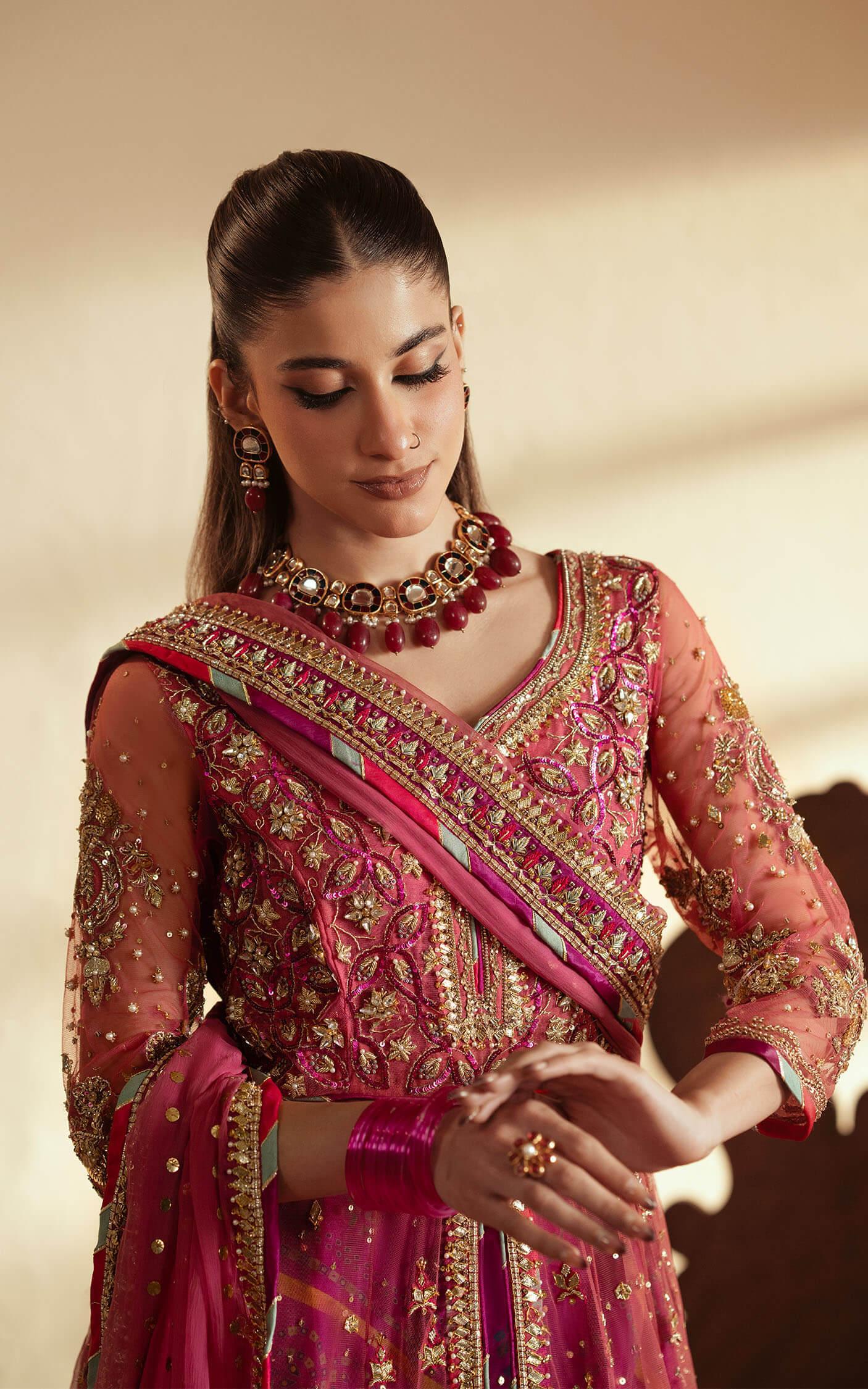 Pakistani Fuchsia Pink Embroidered Net Anarkali Lehenga (3-Piece) - Image 5