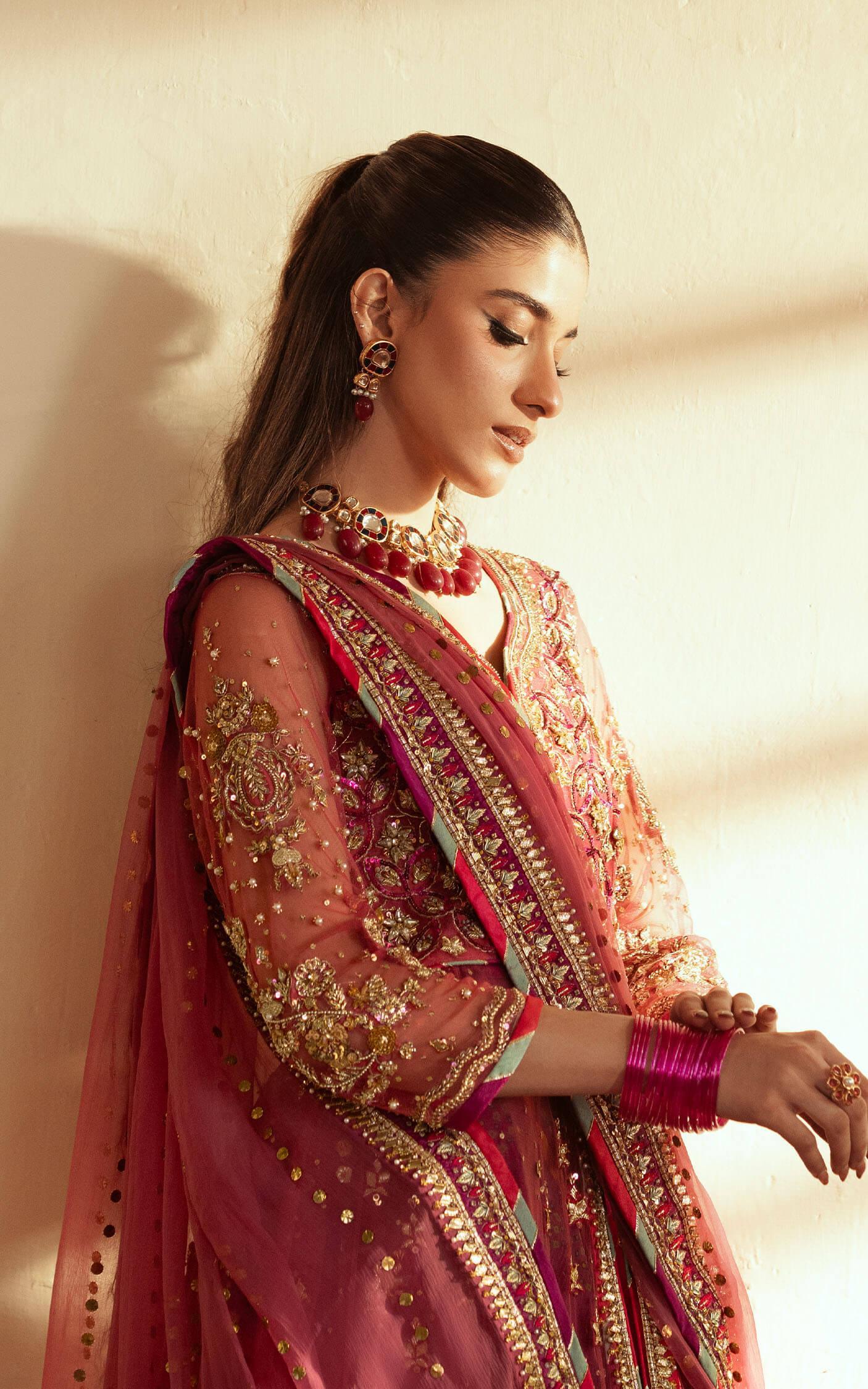 Pakistani Fuchsia Pink Embroidered Net Anarkali Lehenga (3-Piece) - Image 6