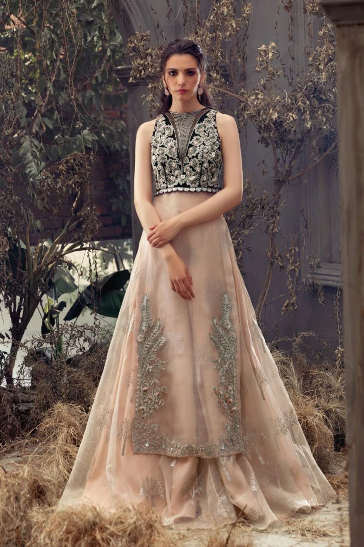 Pakistani Blush Pink Net Lehenga with Black Embroidered Blouse (2-Piece) - Image 1