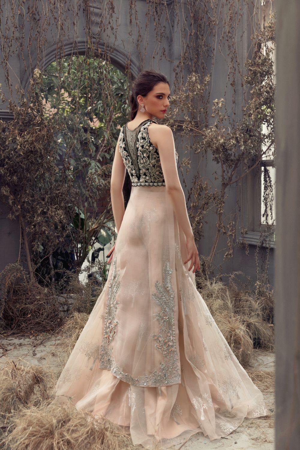 Pakistani Blush Pink Net Lehenga with Black Embroidered Blouse (2-Piece) - Image 3