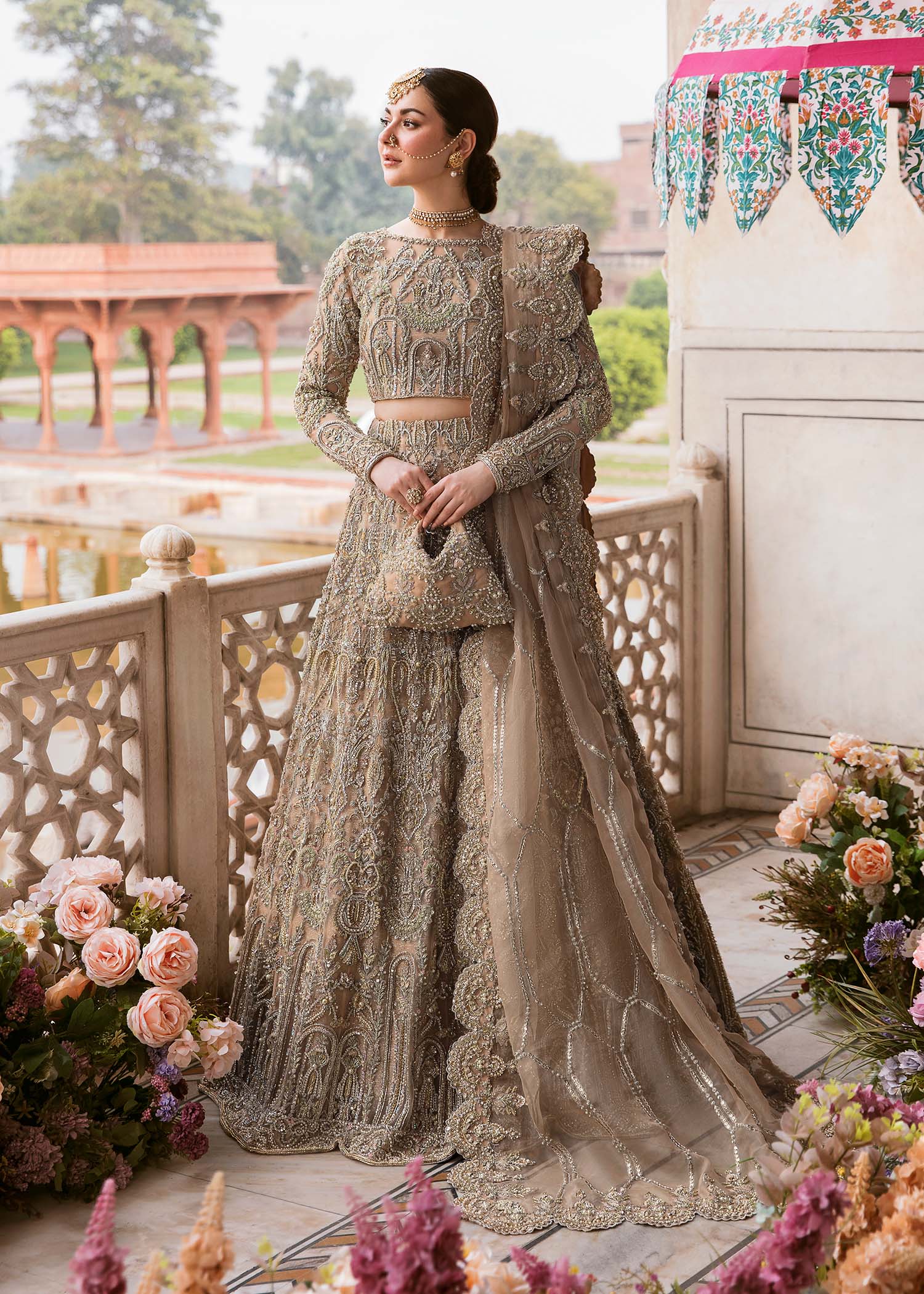 Pakistani Peach Embroidered Net Lehenga Choli (3-Piece) - Image 1