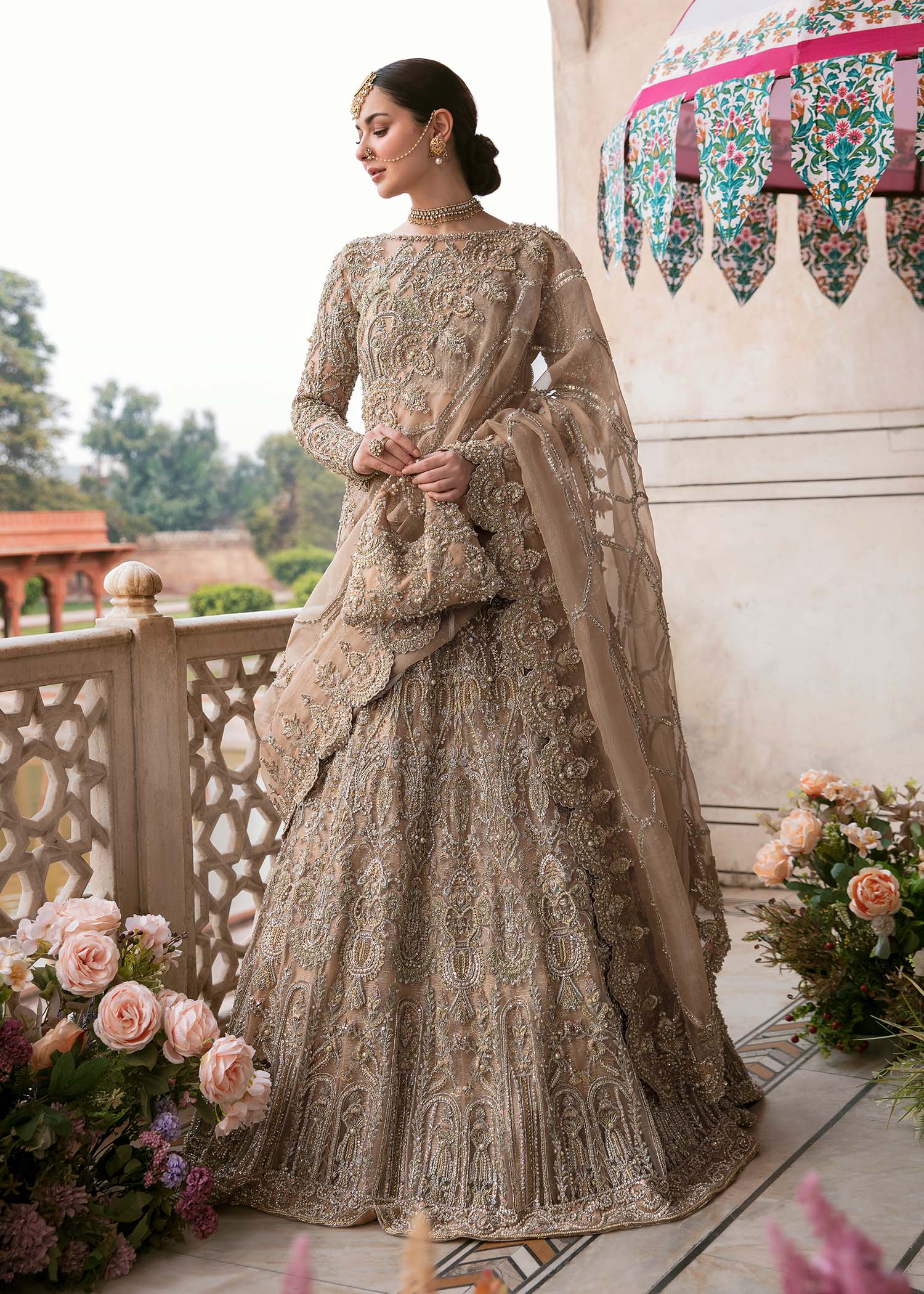 Pakistani Peach Embroidered Net Lehenga Choli (3-Piece) - Image 5