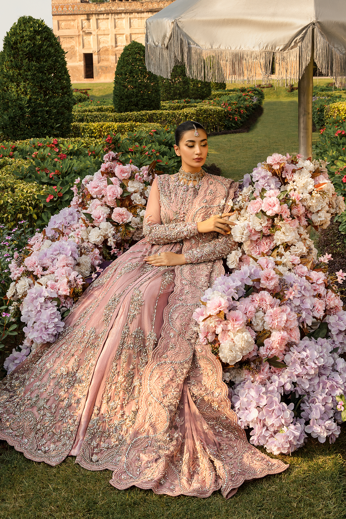 Pakistani Blush Pink Embellished Net Gown & Tissue Lehenga (3-Piece) - Image 4