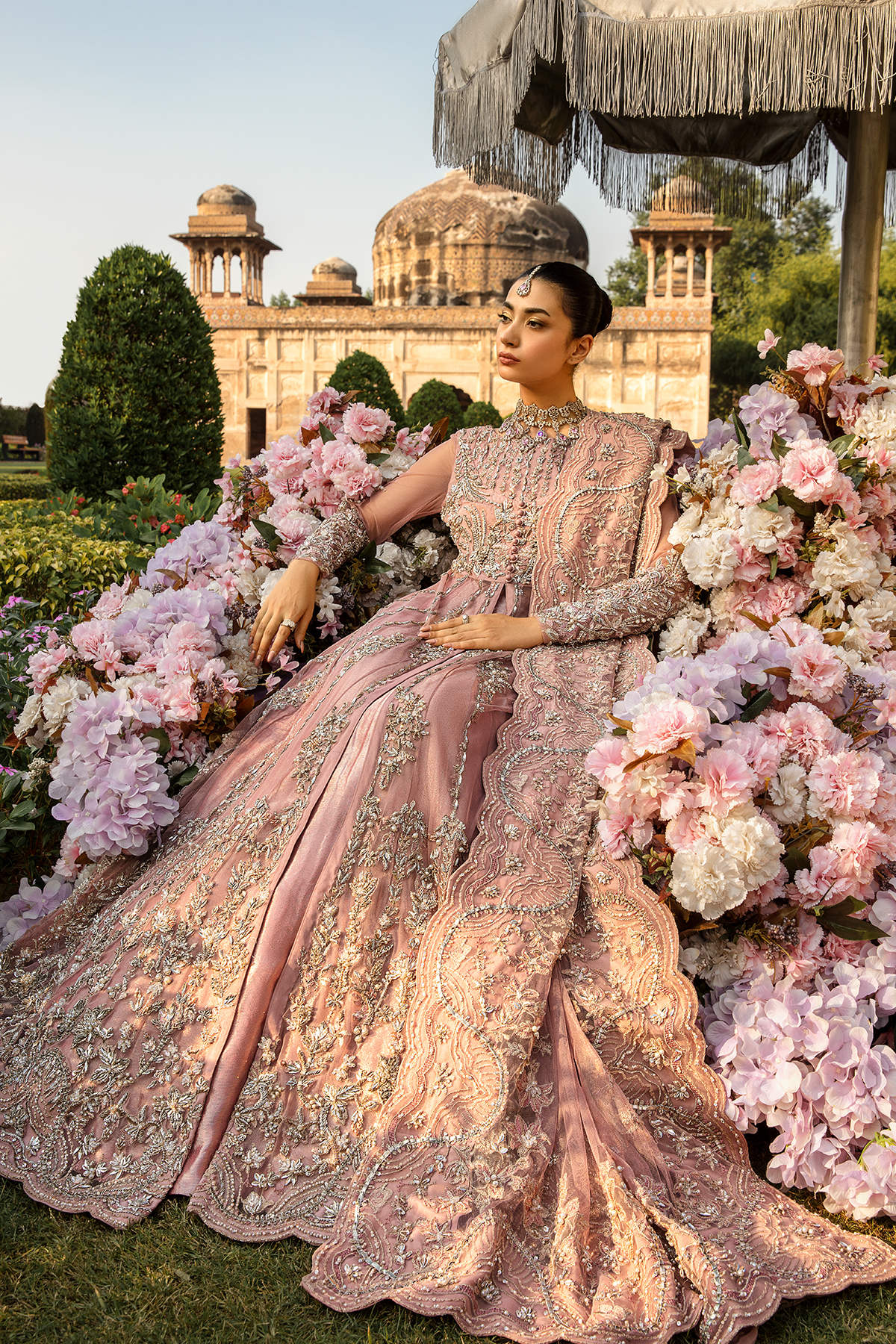 Pakistani Blush Pink Embellished Net Gown & Tissue Lehenga (3-Piece) - Image 5