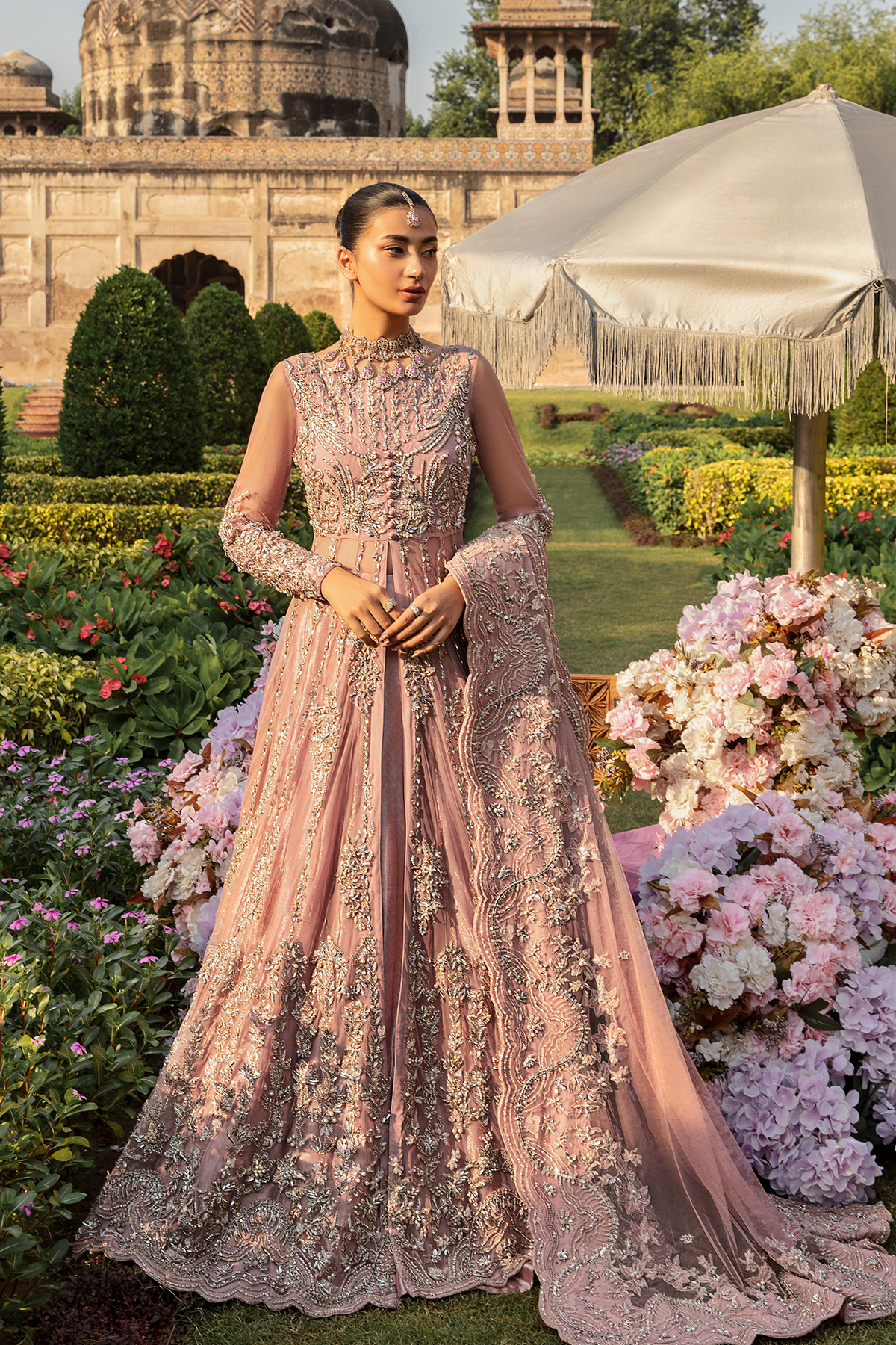 Pakistani Blush Pink Embellished Net Gown with Tissue Lehenga (3-Piece) - Image 1