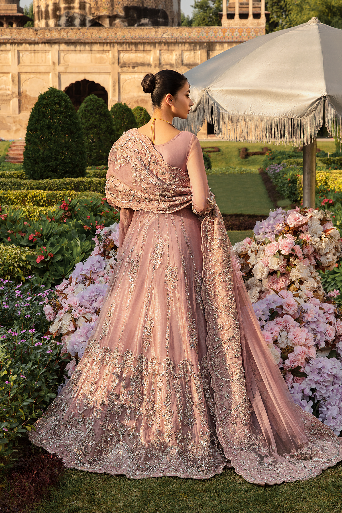 Pakistani Blush Pink Embellished Net Gown with Tissue Lehenga (3-Piece) - Image 2