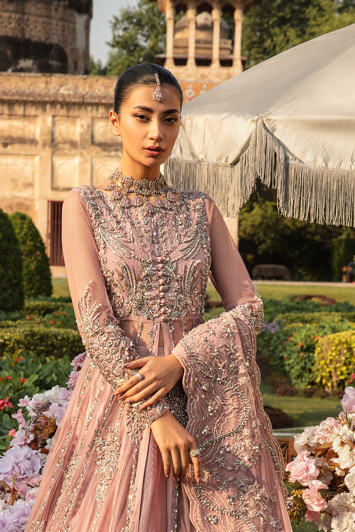 Pakistani Blush Pink Embellished Net Gown with Tissue Lehenga (3-Piece) - Image 3