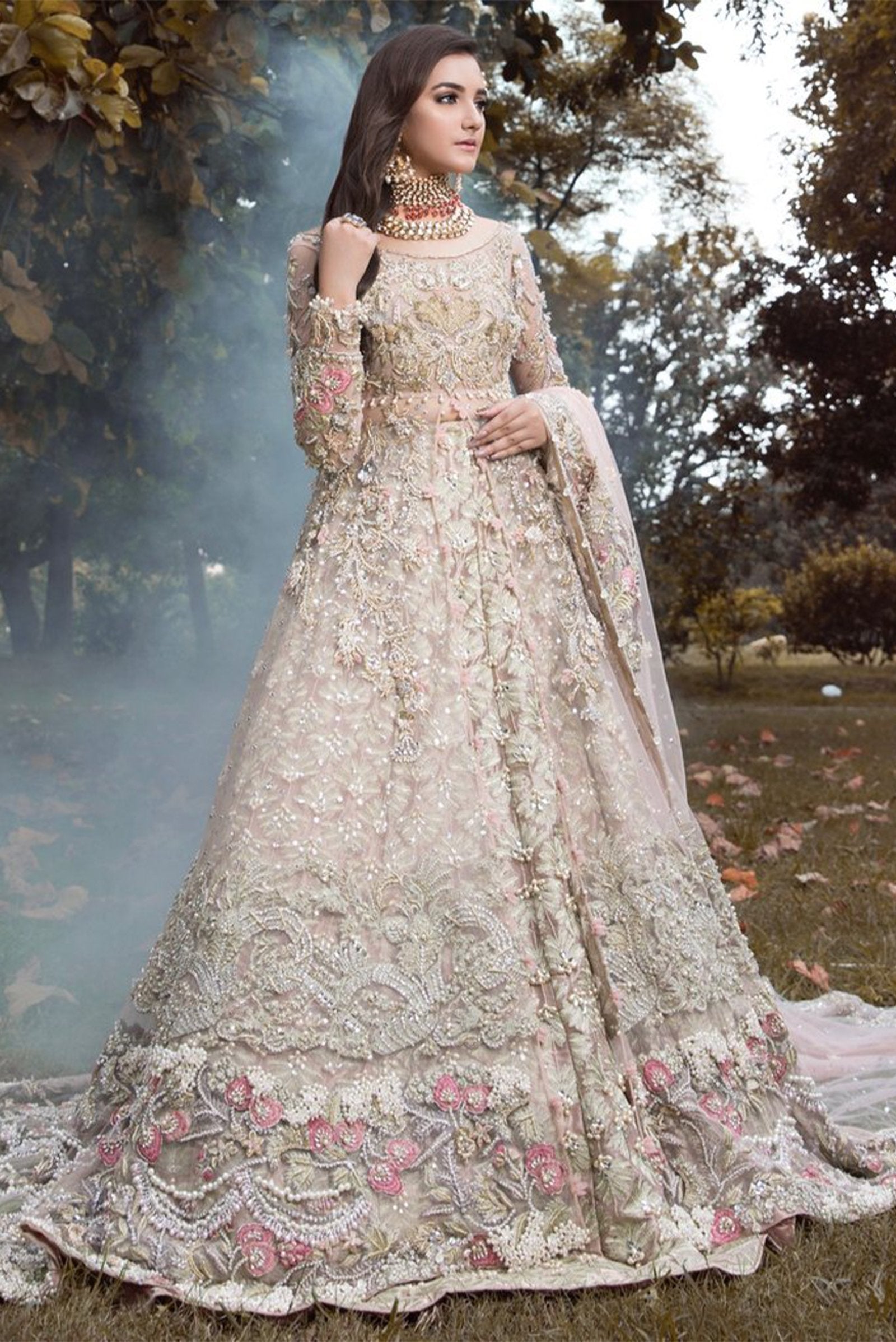 Pakistani Soft Pink Embellished Net Gown with Tissue Lehnga (3-Piece) - Image 1