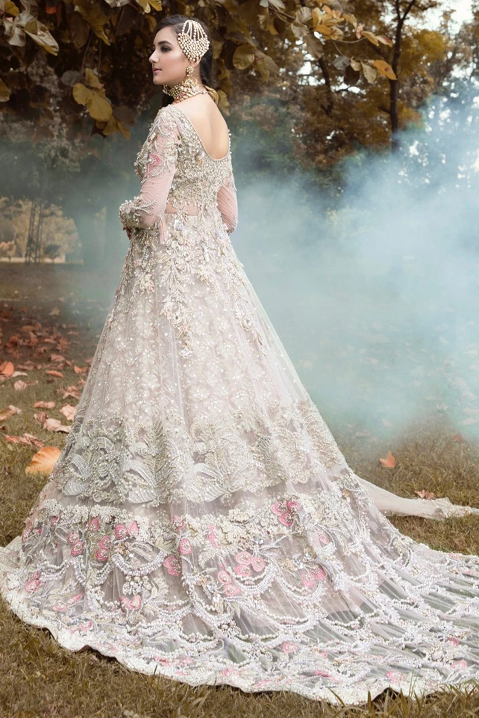 Pakistani Soft Pink Embellished Net Gown with Tissue Lehnga (3-Piece) - Image 2