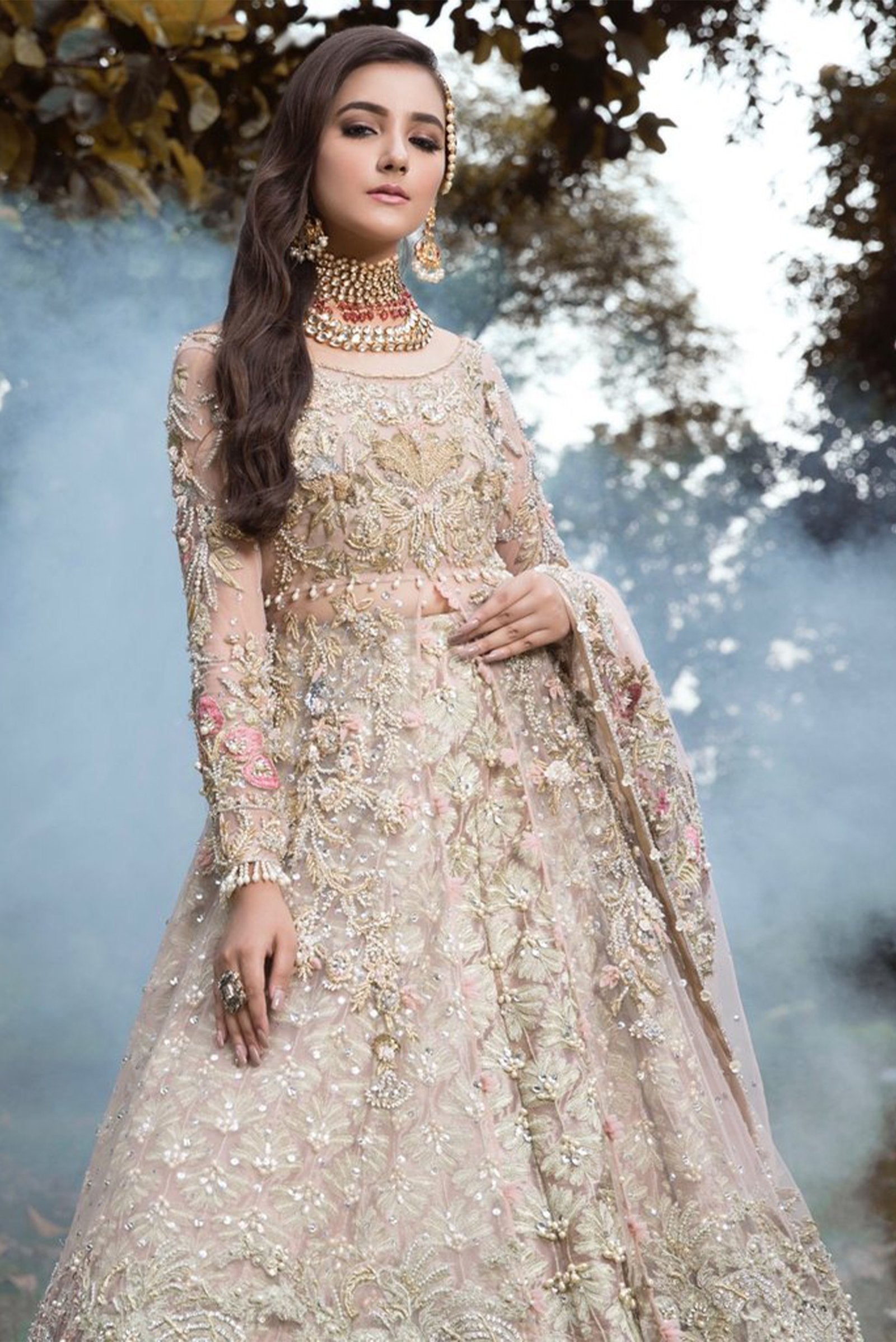 Pakistani Soft Pink Embellished Net Gown with Tissue Lehnga (3-Piece) - Image 3