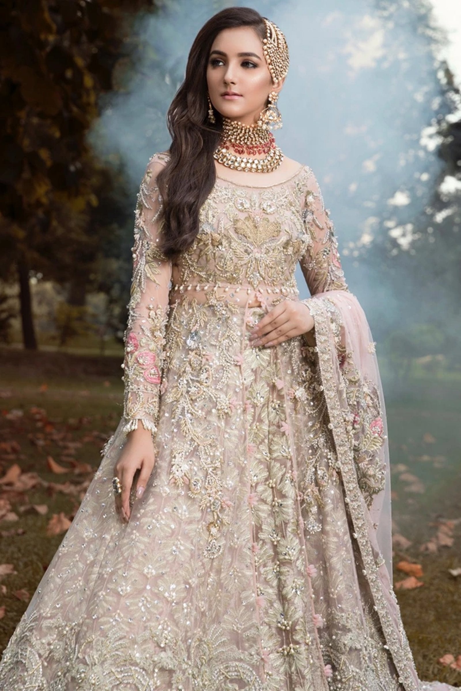 Pakistani Soft Pink Embellished Net Gown with Tissue Lehnga (3-Piece) - Image 4