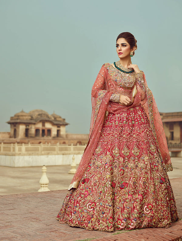 Pakistani Rose Pink Embellished Net & Tissue Bridal Lehenga (3-Piece) - Image 1